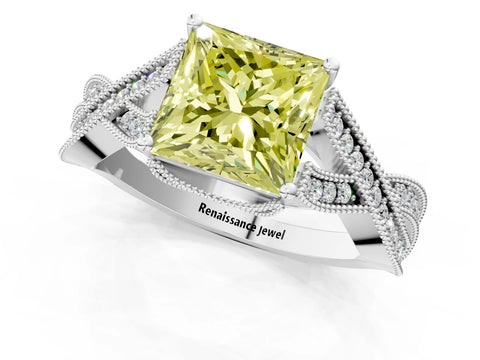 White gold Fancy Yellow Princess Cut Cut Diamond Twisted Band with Milgrain Pave Setting and Four-Prong Setting_13
