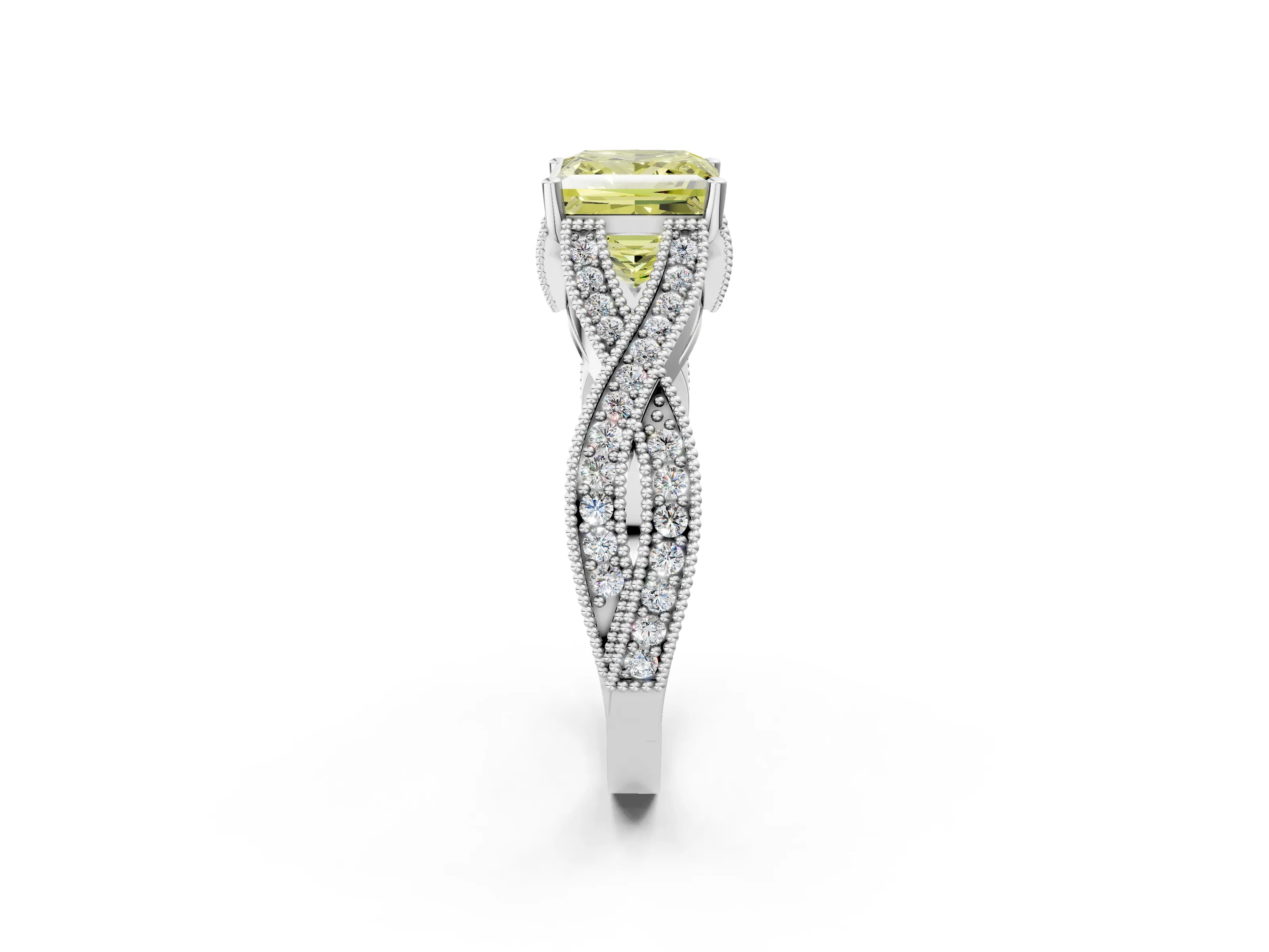 White gold Fancy Yellow Princess Cut Cut Diamond Twisted Band with Milgrain Pave Setting and Four-Prong Setting_14