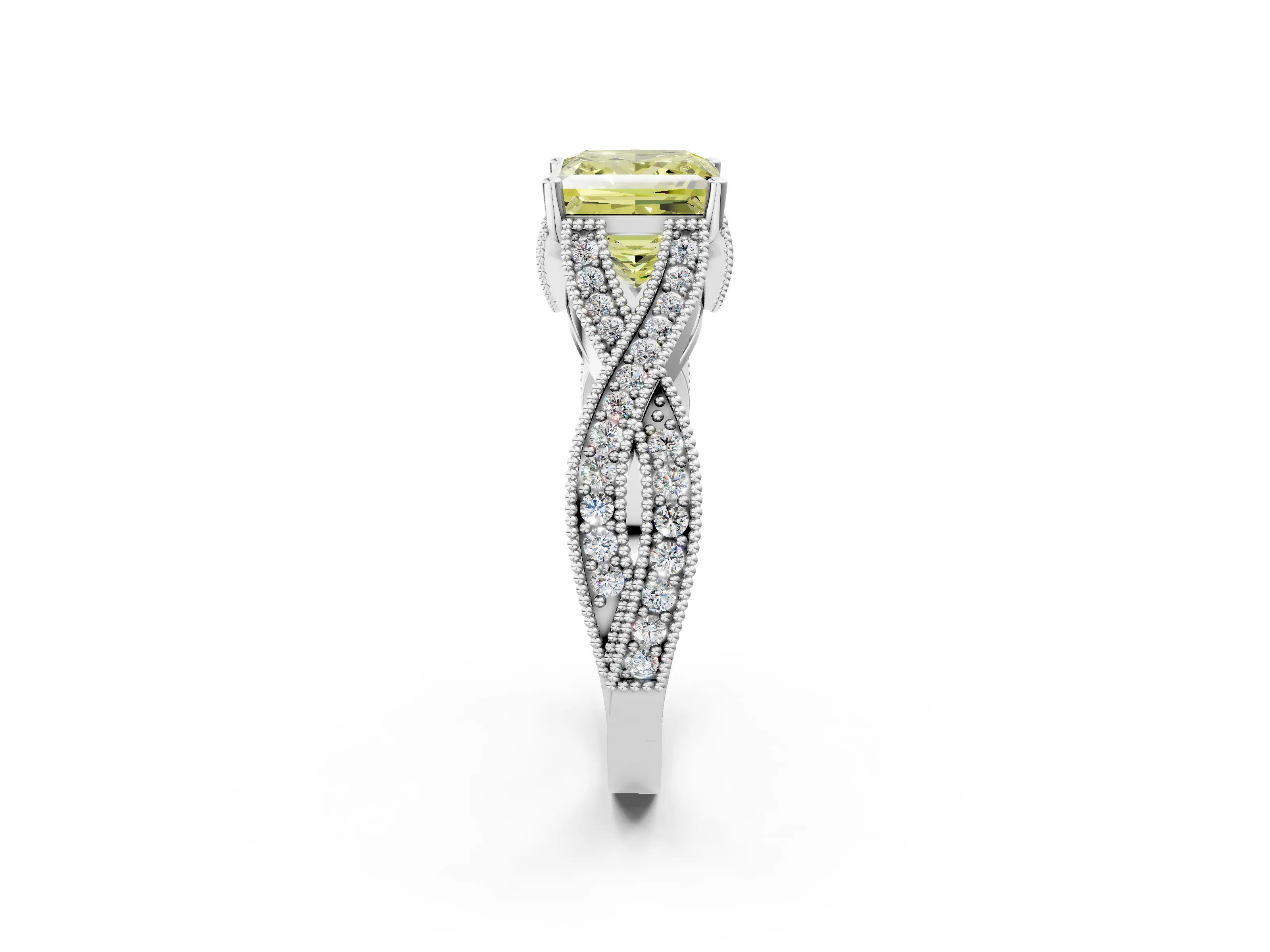 White gold Fancy Yellow Princess Cut Cut Diamond Twisted Band with Milgrain Pave Setting and Four-Prong Setting_14