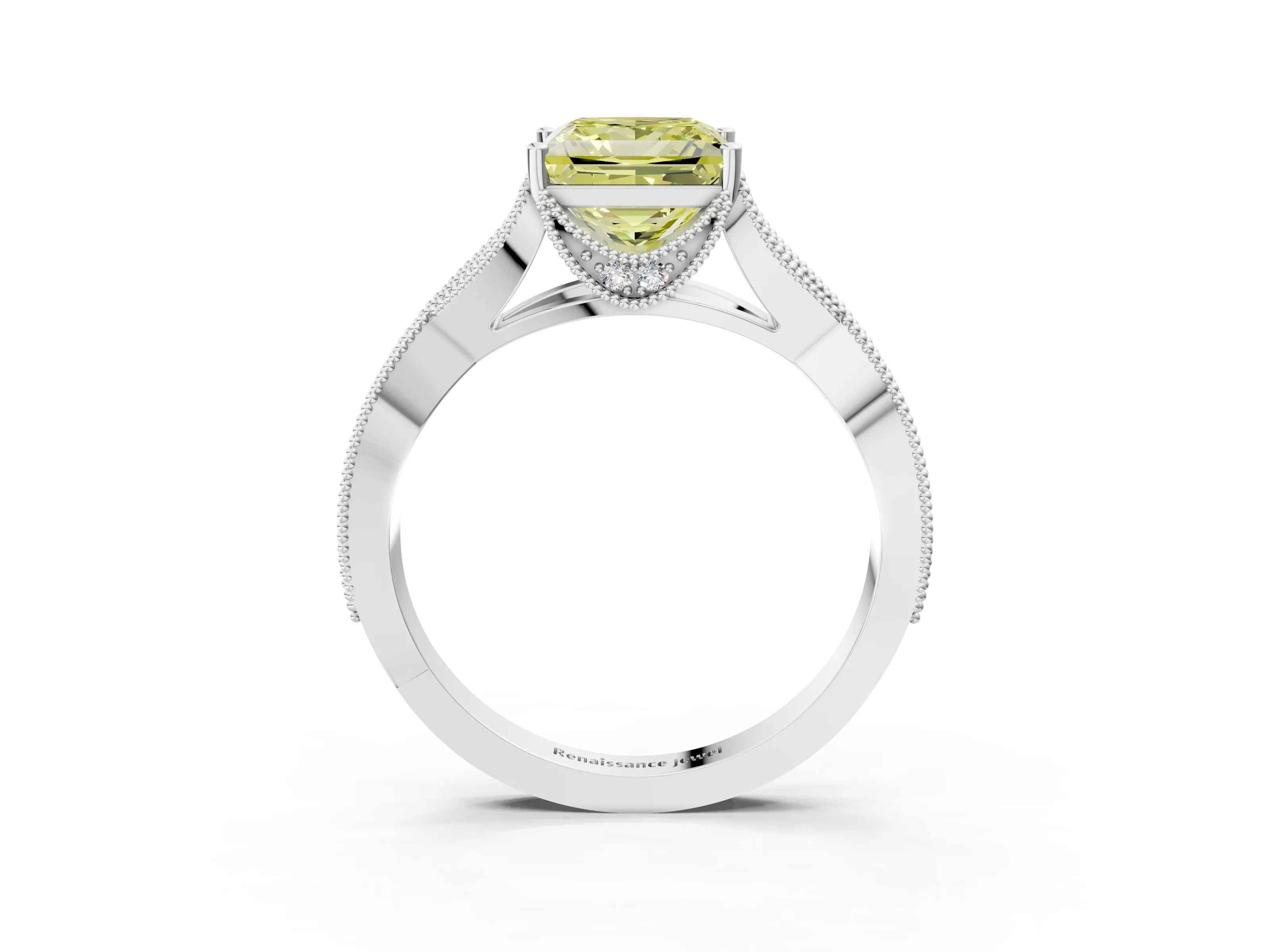 White gold Fancy Yellow Princess Cut Cut Diamond Twisted Band with Milgrain Pave Setting and Four-Prong Setting_15
