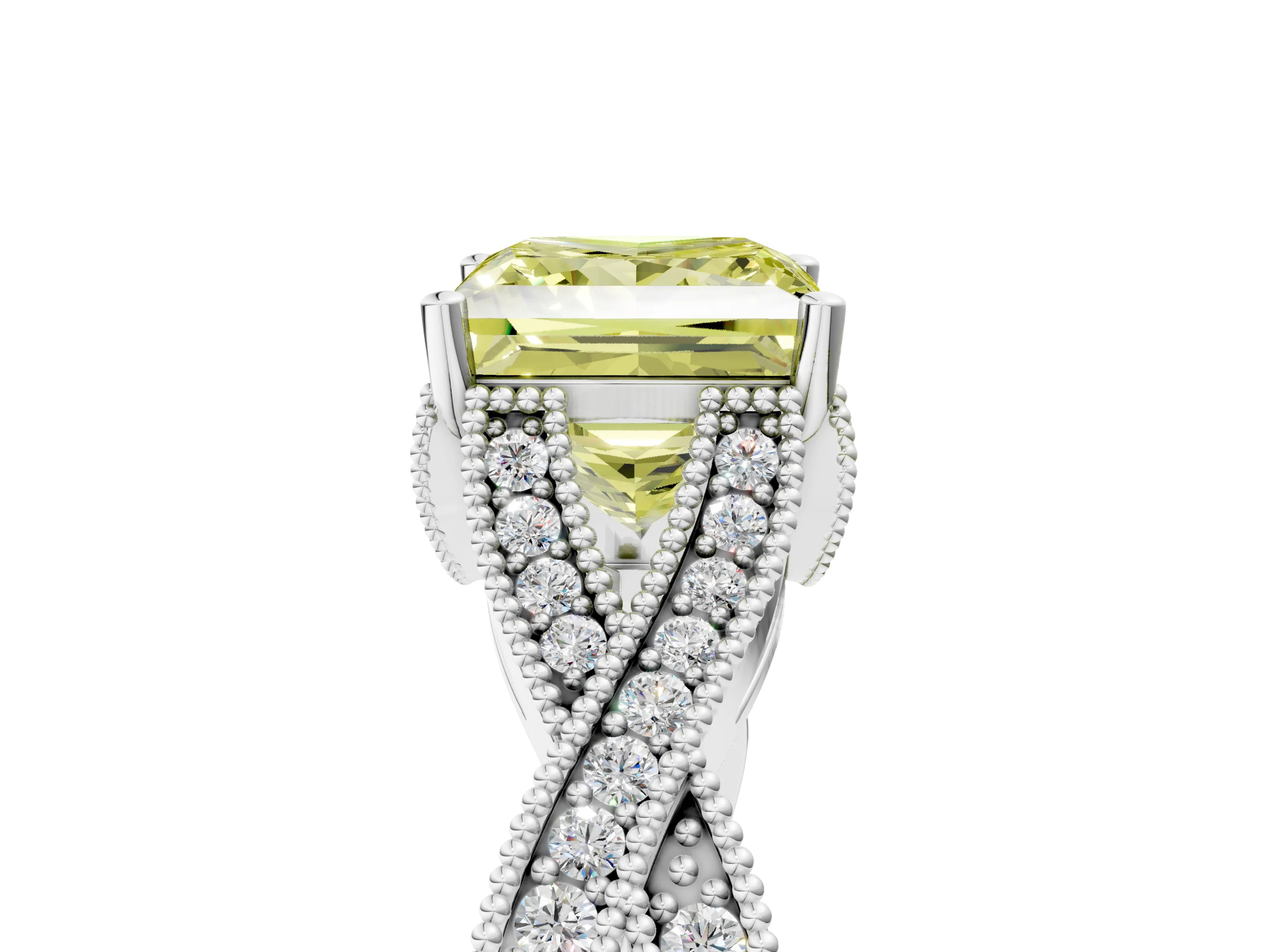 White gold Fancy Yellow Princess Cut Cut Diamond Twisted Band with Milgrain Pave Setting and Four-Prong Setting_17