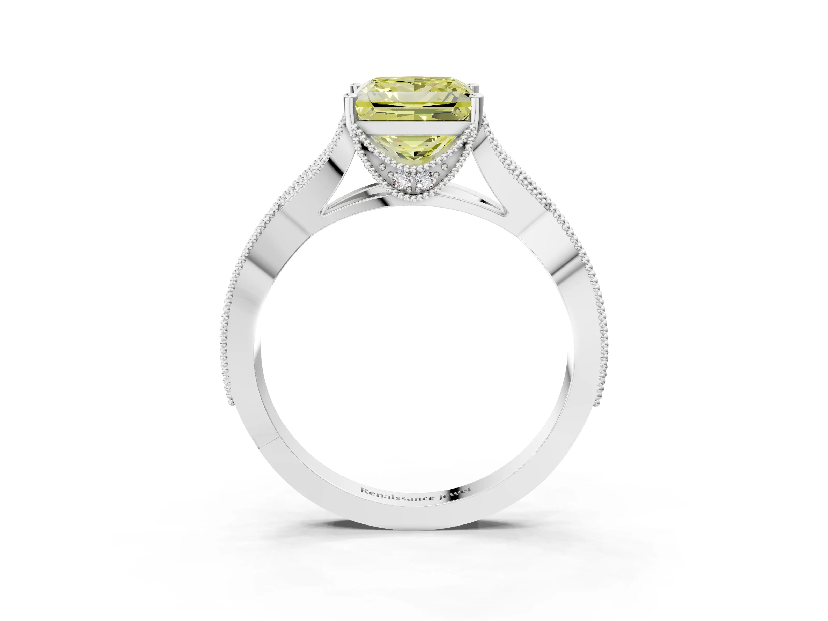 White gold Fancy Yellow Princess Cut Cut Diamond Twisted Band with Milgrain Pave Setting and Four-Prong Setting_3