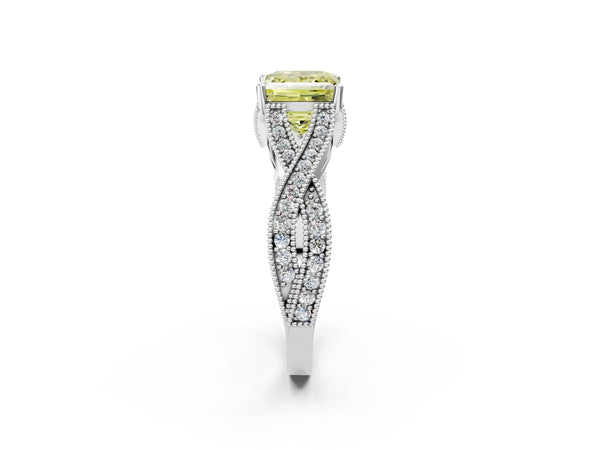 Platinum Fancy Yellow Princess Cut Cut Diamond Twisted Band with Milgrain Pave Setting and Four-Prong Setting