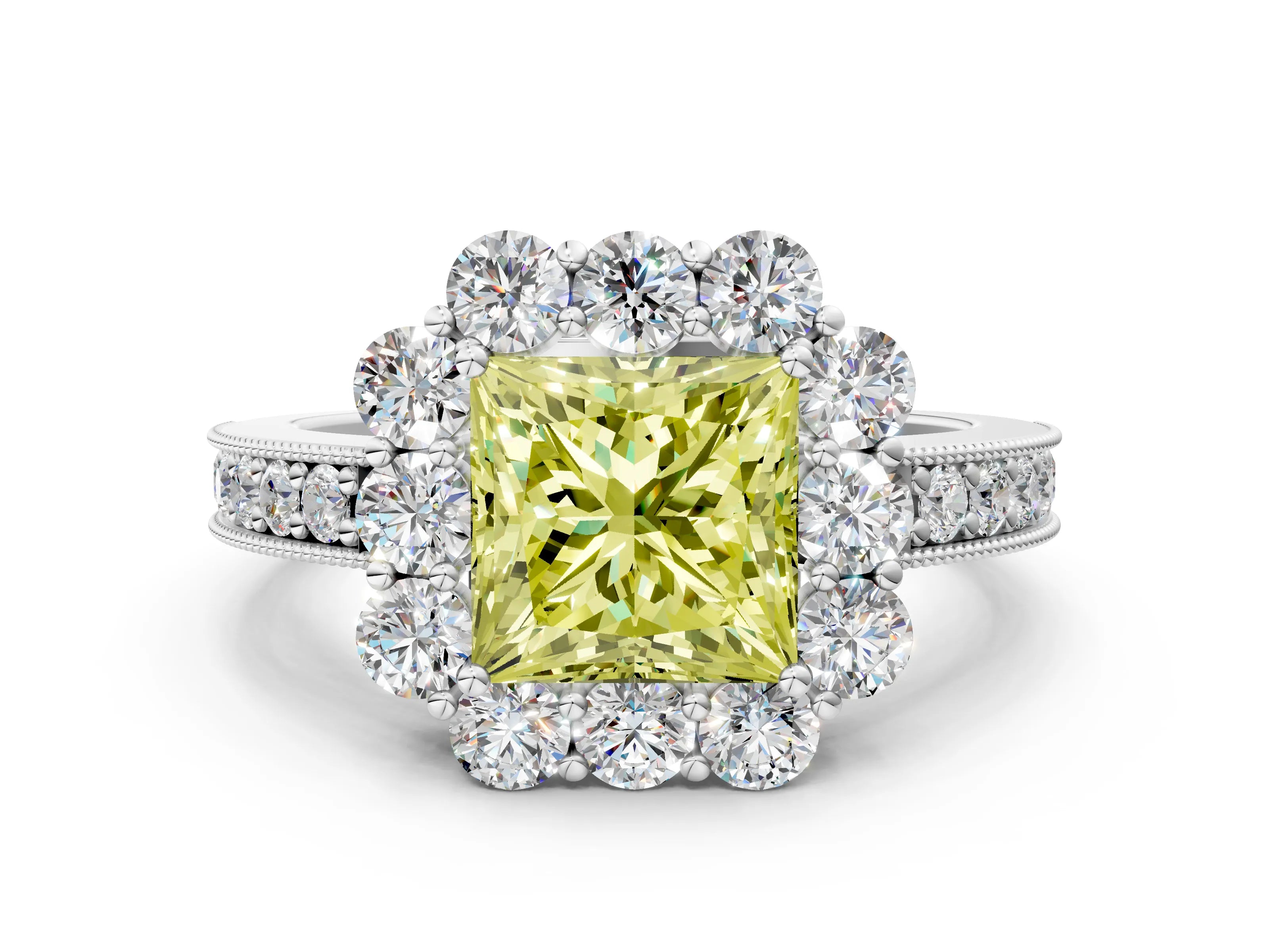 White gold Fancy Yellow Princess Cut Cut Halo Diamond Pavé Engagement Ring with Milgrain Detailing_12
