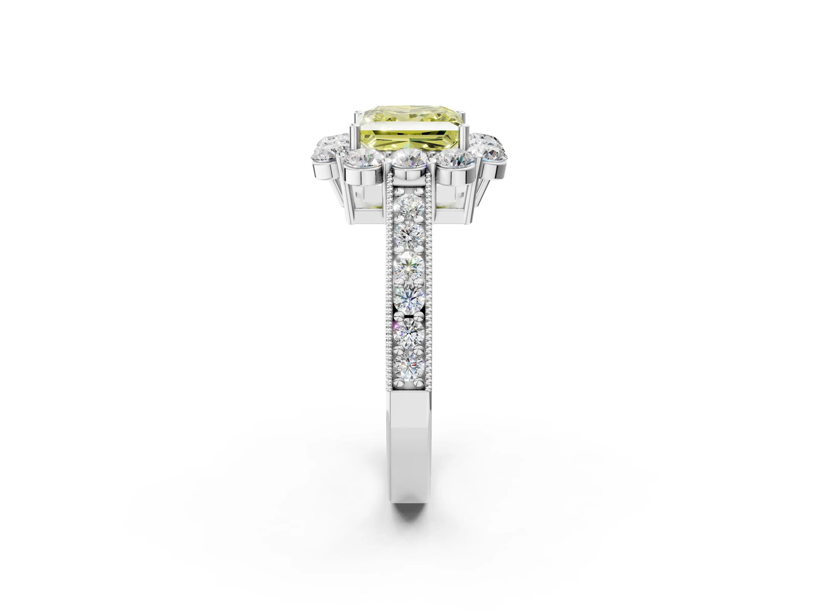 White gold Fancy Yellow Princess Cut Cut Halo Diamond Pavé Engagement Ring with Milgrain Detailing_14