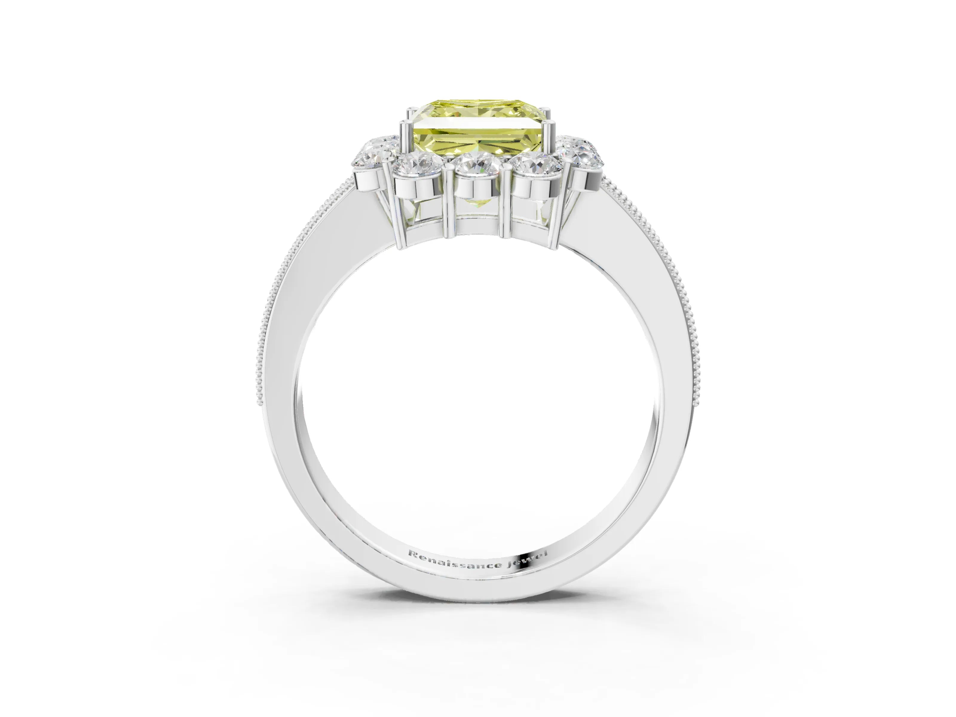 White gold Fancy Yellow Princess Cut Cut Halo Diamond Pavé Engagement Ring with Milgrain Detailing_15