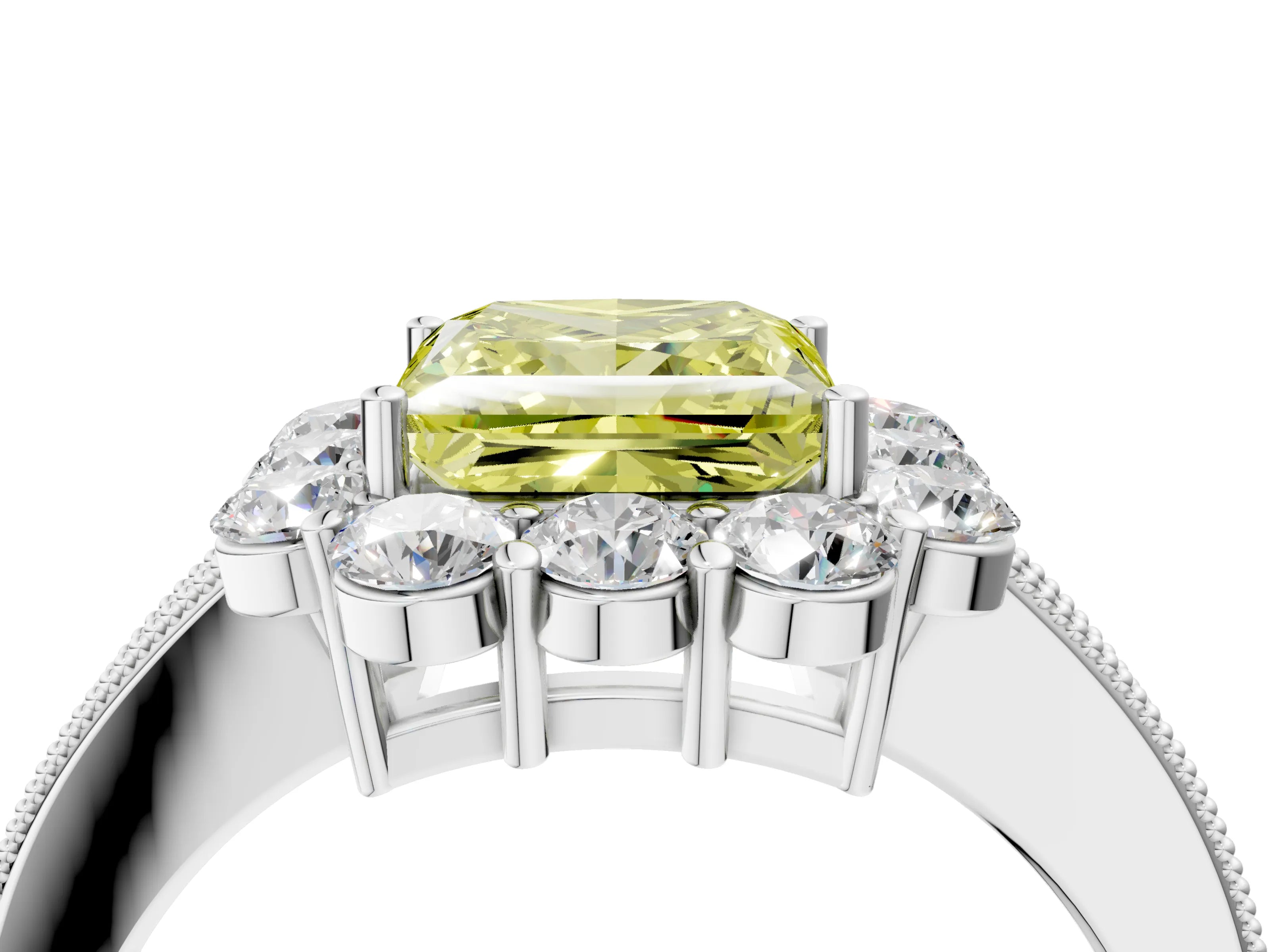 White gold Fancy Yellow Princess Cut Cut Halo Diamond Pavé Engagement Ring with Milgrain Detailing_16