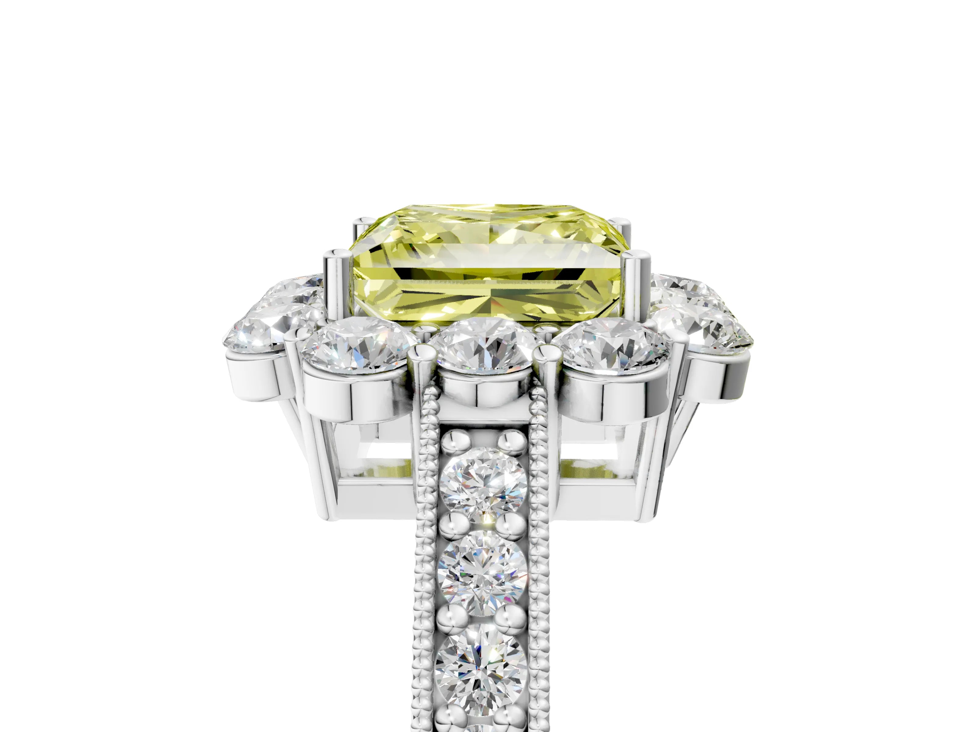 White gold Fancy Yellow Princess Cut Cut Halo Diamond Pavé Engagement Ring with Milgrain Detailing_17