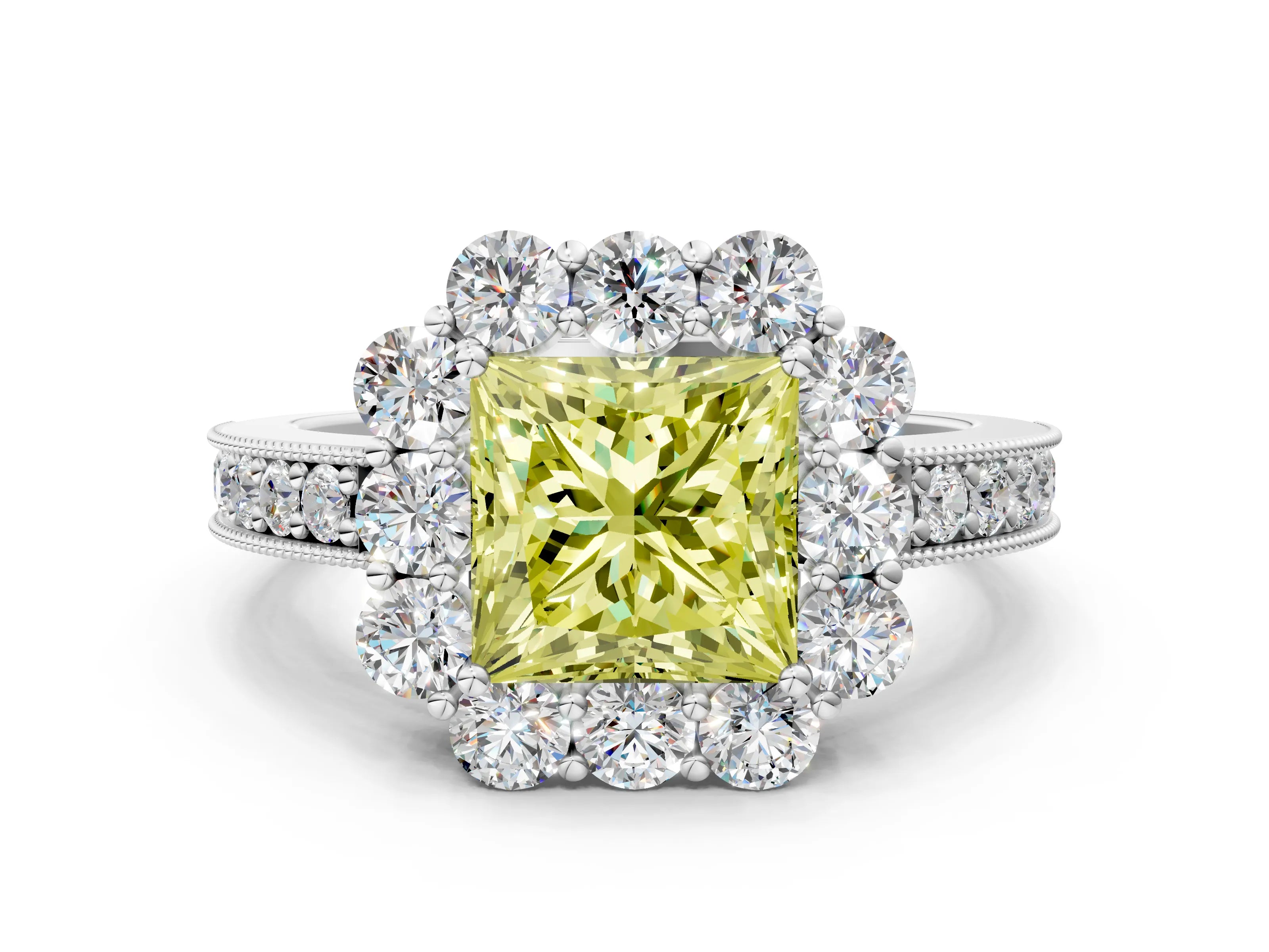 White gold Fancy Yellow Princess Cut Cut Halo Diamond Pavé Engagement Ring with Milgrain Detailing_48