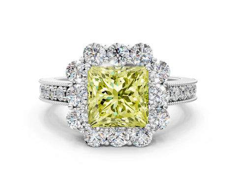 White gold Fancy Yellow Princess Cut Cut Halo Diamond Pavé Engagement Ring with Milgrain Detailing_48