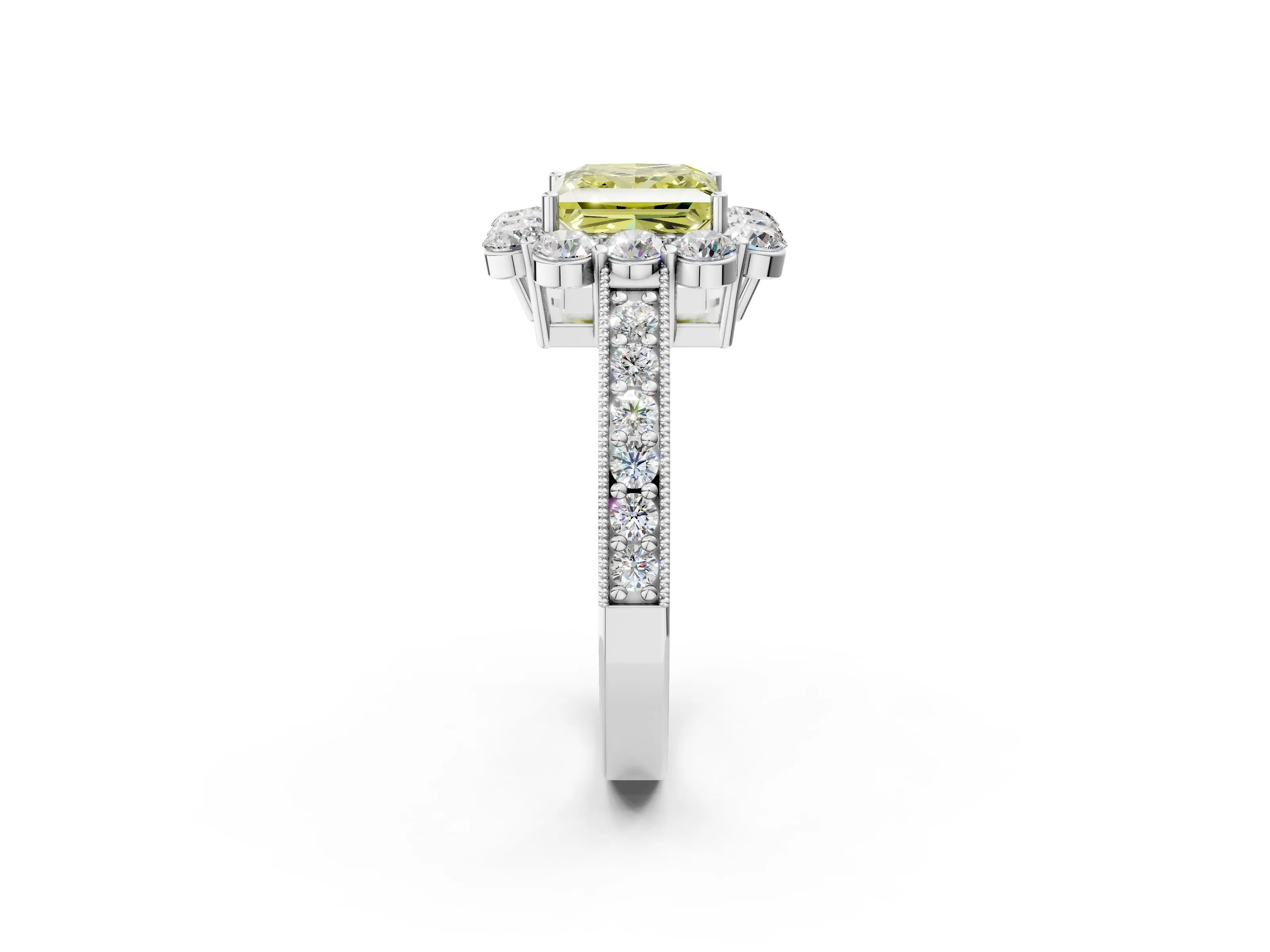 White gold Fancy Yellow Princess Cut Cut Halo Diamond Pavé Engagement Ring with Milgrain Detailing_50