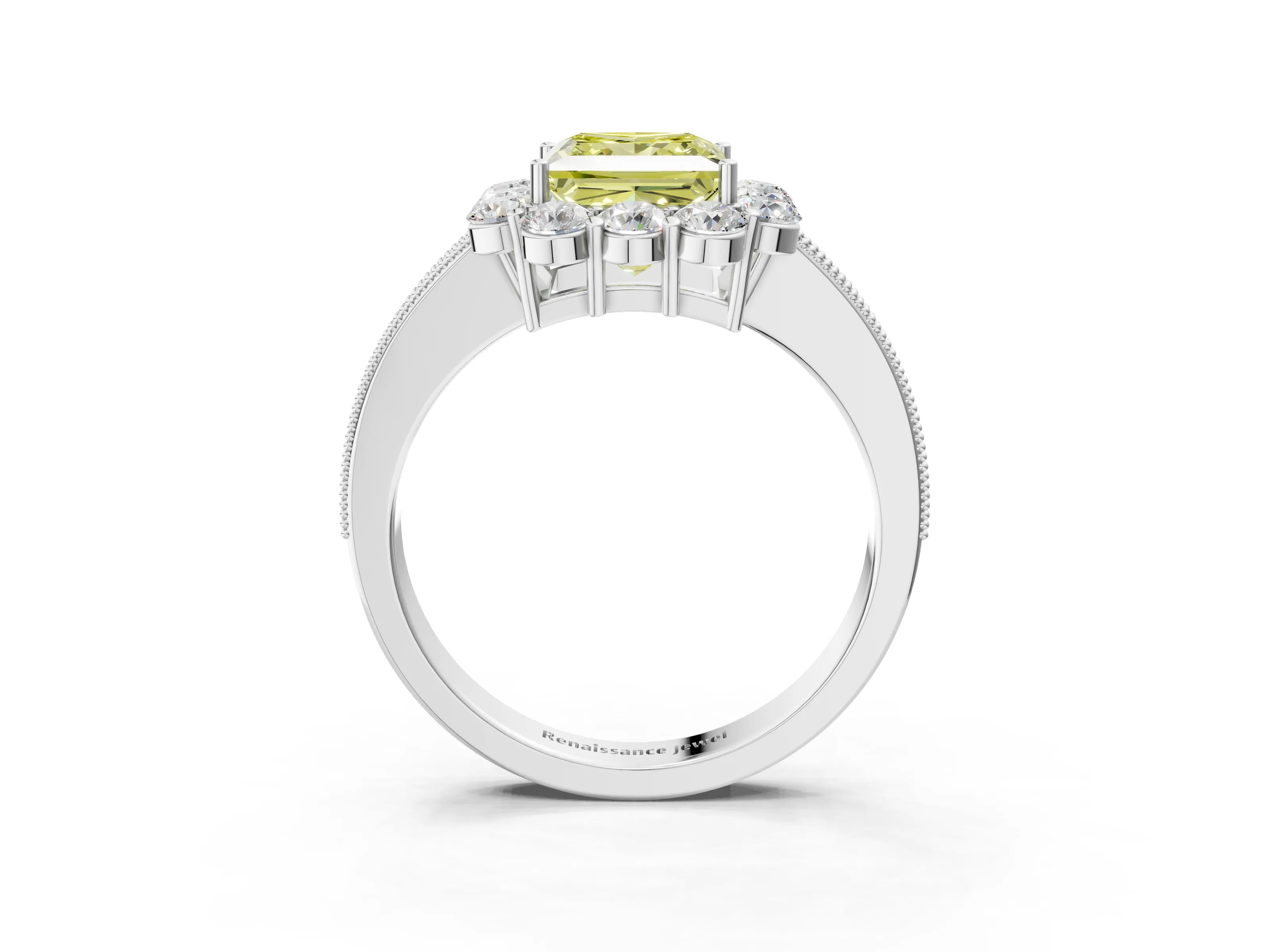 White gold Fancy Yellow Princess Cut Cut Halo Diamond Pavé Engagement Ring with Milgrain Detailing_51