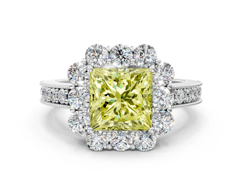 White gold Fancy Yellow Princess Cut Cut Halo Diamond Pavé Engagement Ring with Milgrain Detailing_60