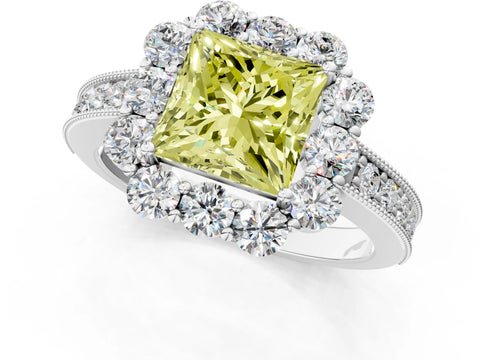 White gold Fancy Yellow Princess Cut Cut Halo Diamond Pavé Engagement Ring with Milgrain Detailing_61