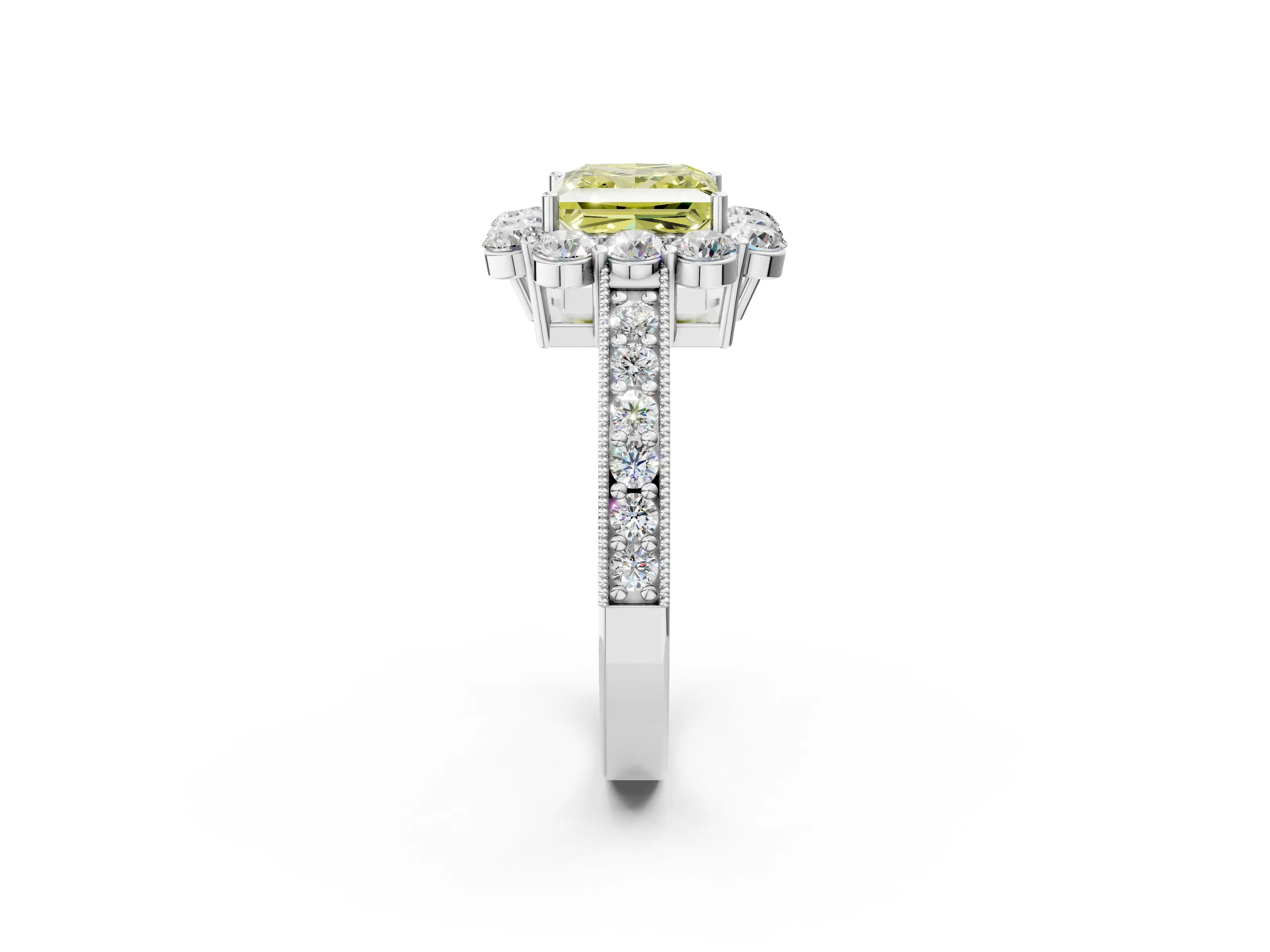 White gold Fancy Yellow Princess Cut Cut Halo Diamond Pavé Engagement Ring with Milgrain Detailing_62