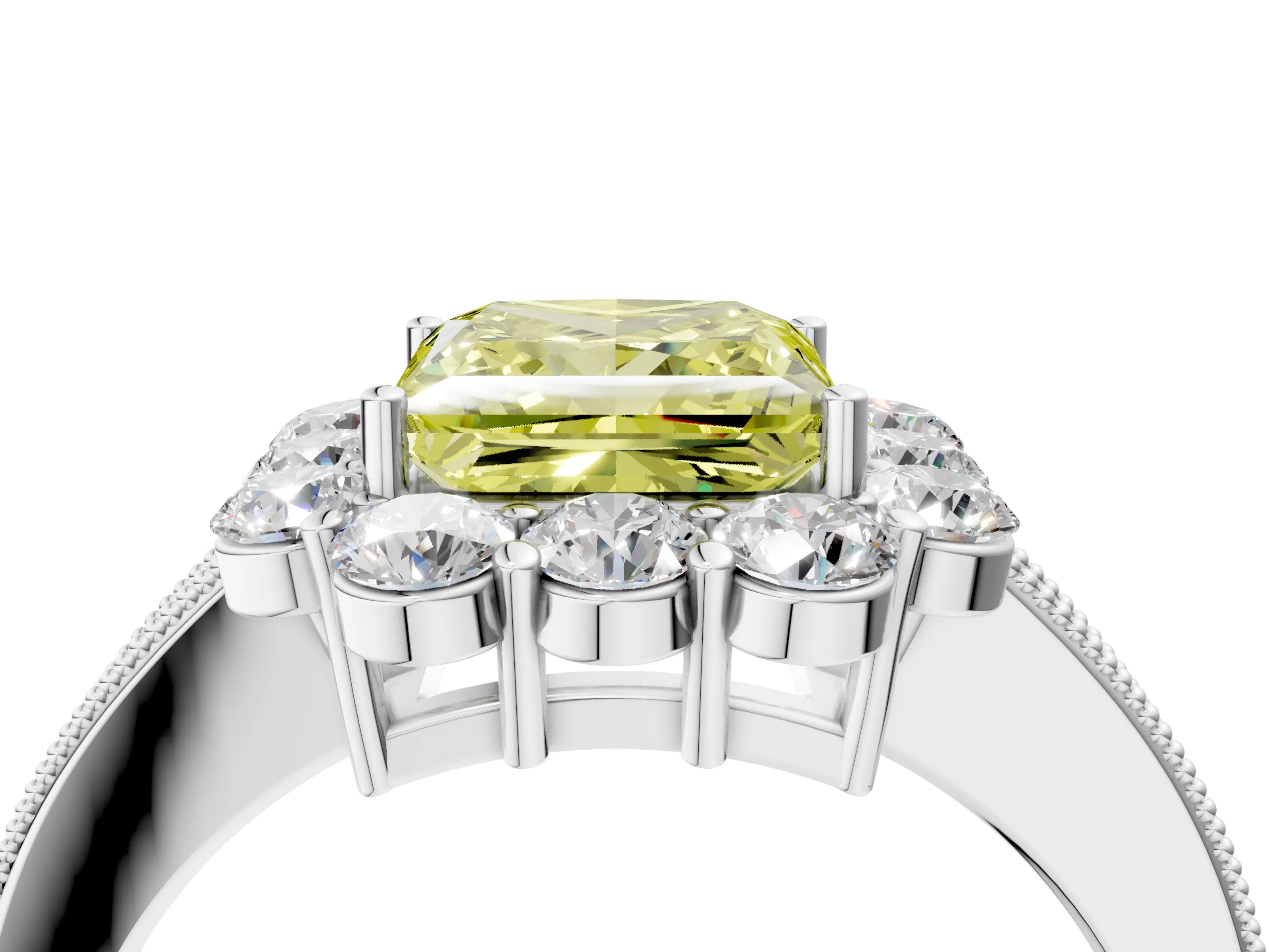 White gold Fancy Yellow Princess Cut Cut Halo Diamond Pavé Engagement Ring with Milgrain Detailing_64