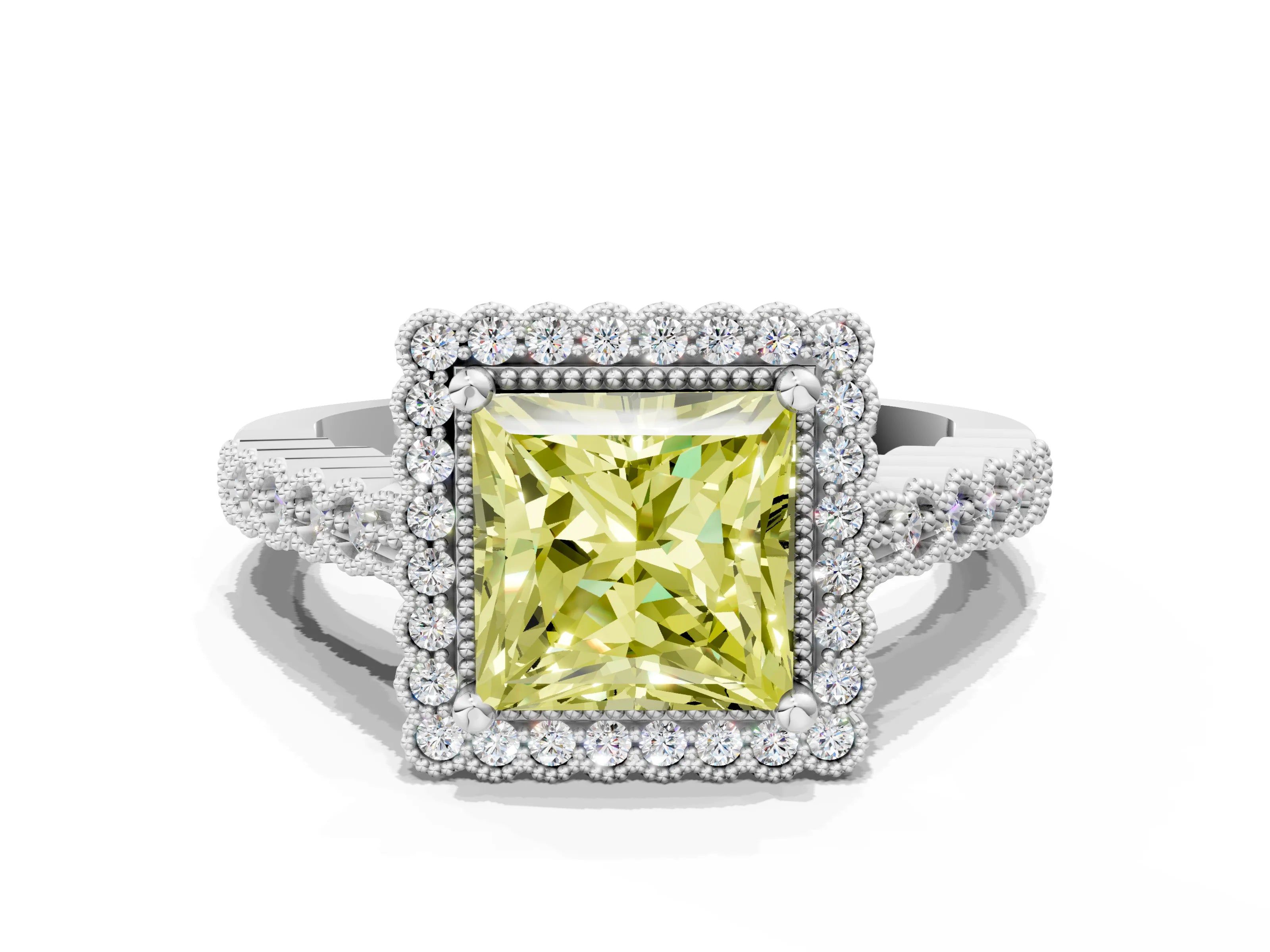White gold Fancy Yellow Princess Cut Cut Halo Pavé Solitaire Ring with Milgrain Band