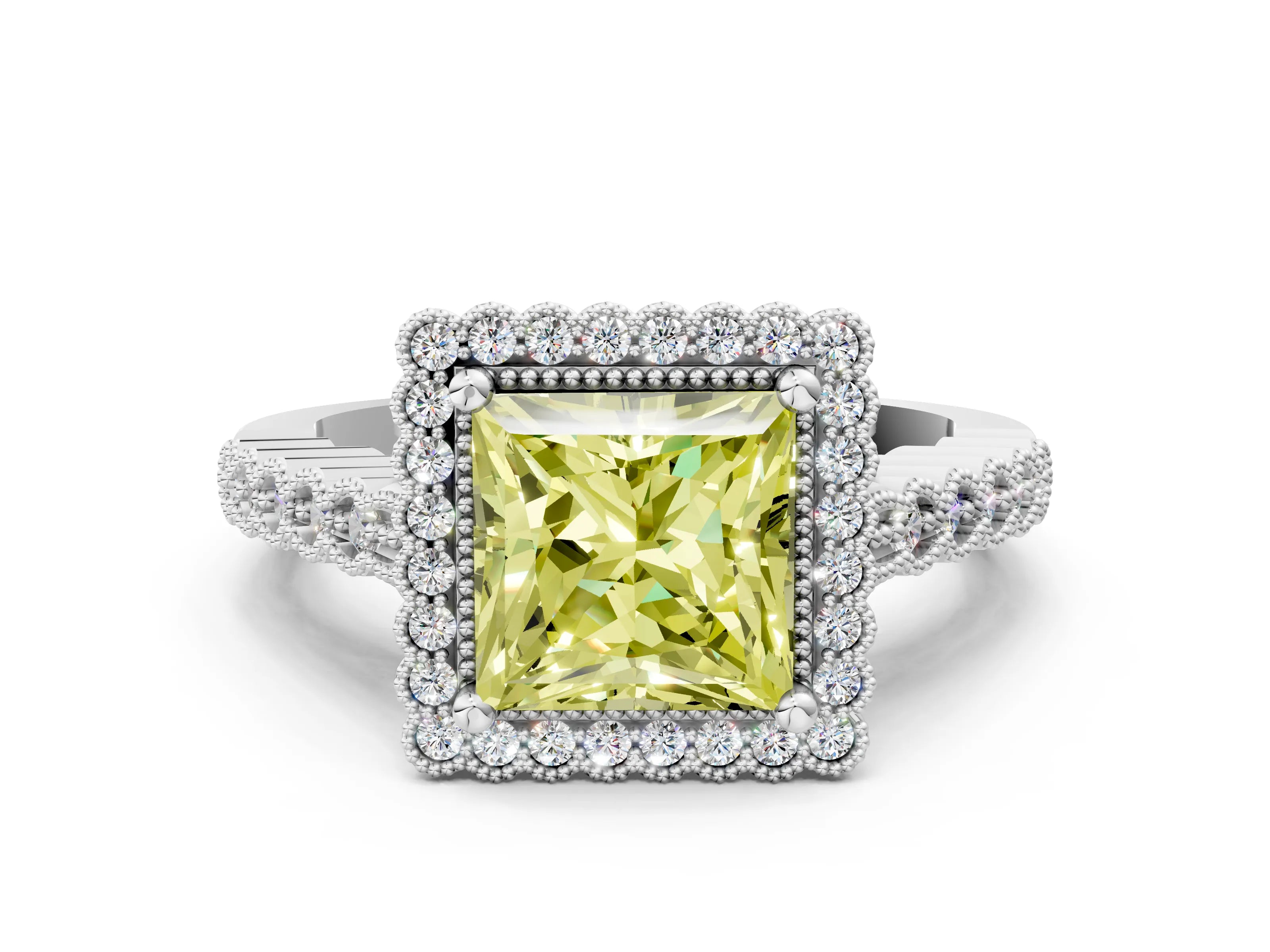 White gold Fancy Yellow Princess Cut Cut Halo Pavé Solitaire Ring with Milgrain Band_12