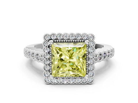 White gold Fancy Yellow Princess Cut Cut Halo Pavé Solitaire Ring with Milgrain Band_12