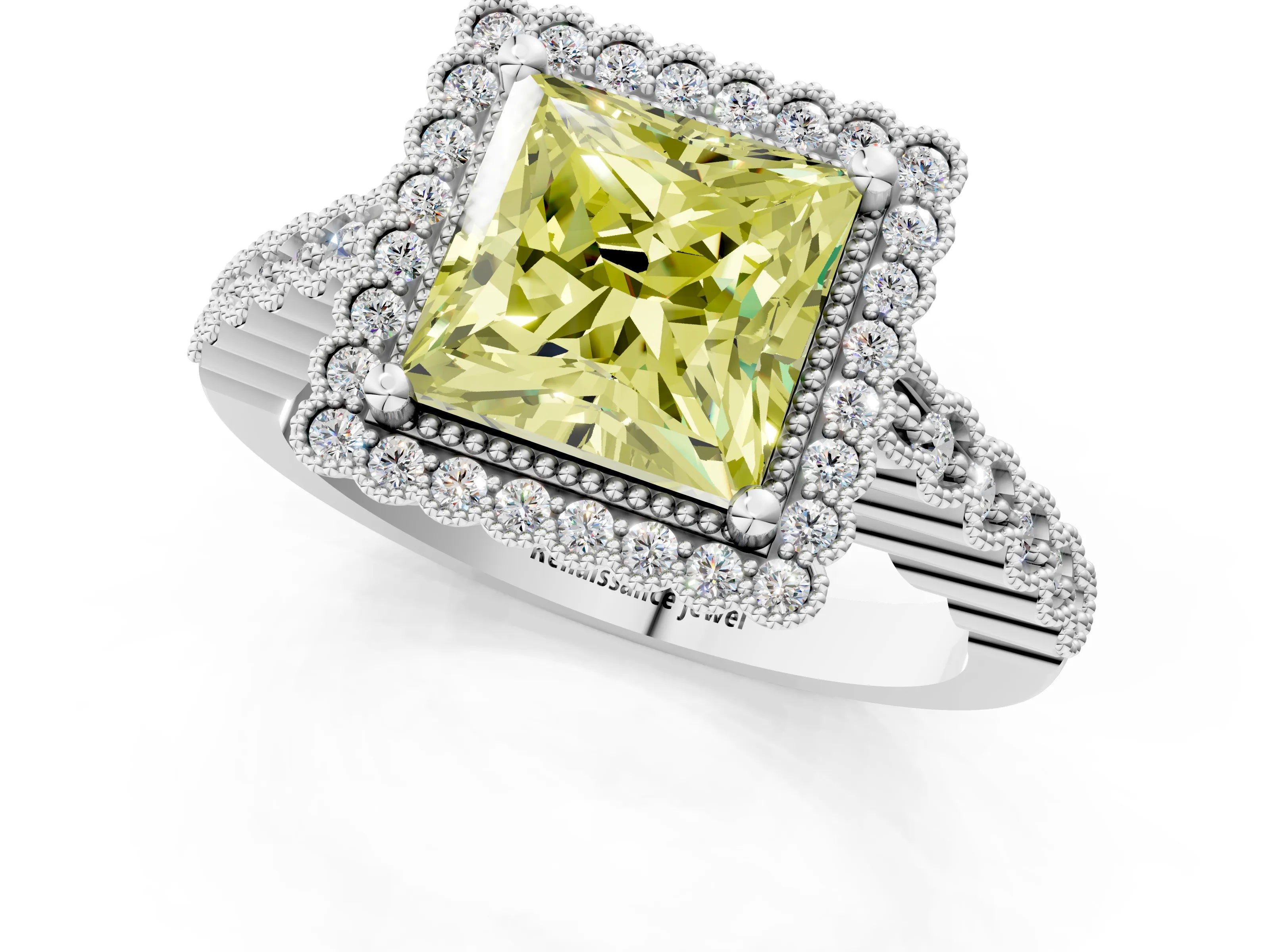 White gold Fancy Yellow Princess Cut Cut Halo Pavé Solitaire Ring with Milgrain Band_13