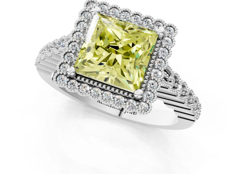 White gold Fancy Yellow Princess Cut Cut Halo Pavé Solitaire Ring with Milgrain Band_13