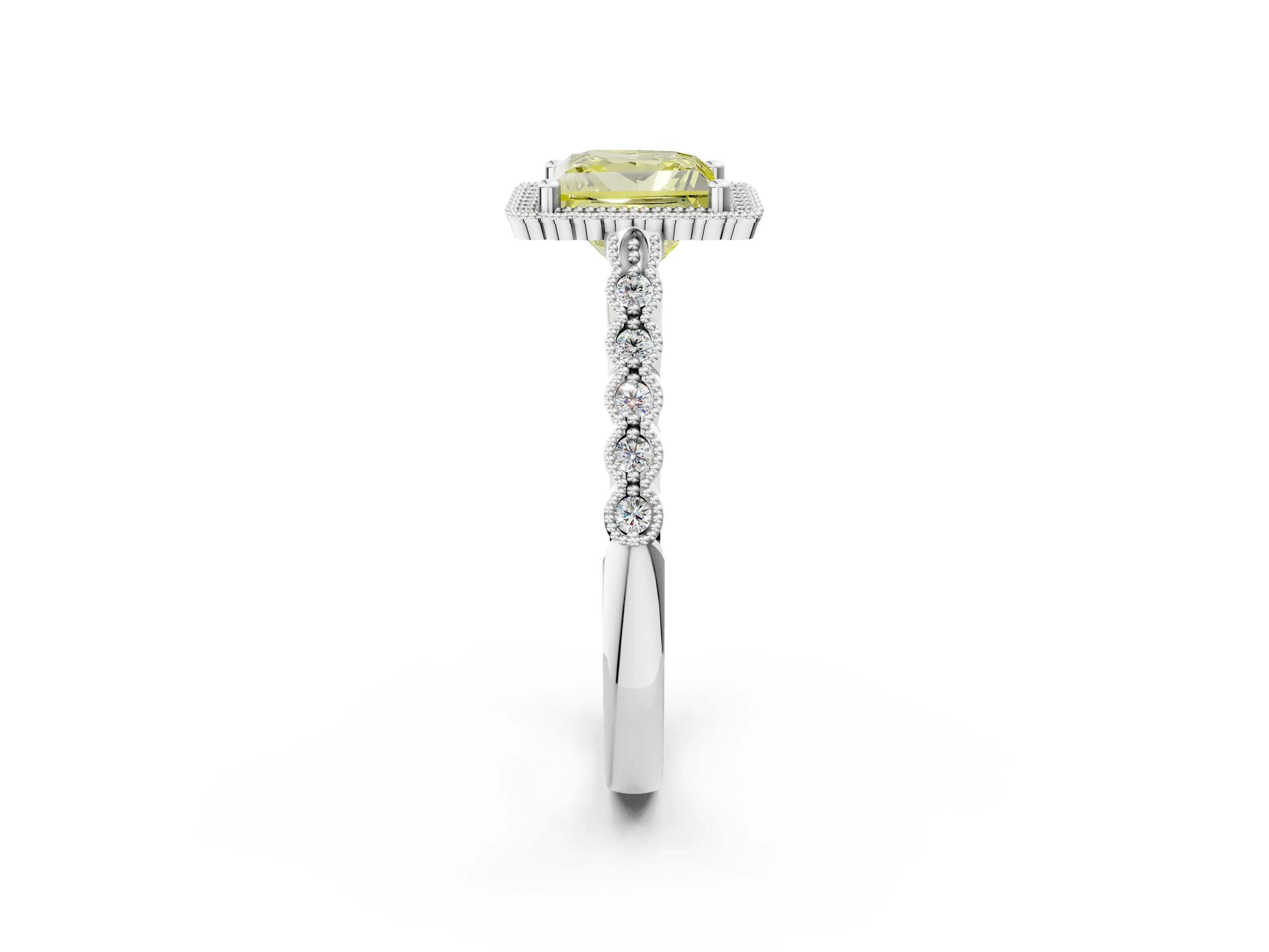 White gold Fancy Yellow Princess Cut Cut Halo Pavé Solitaire Ring with Milgrain Band_14