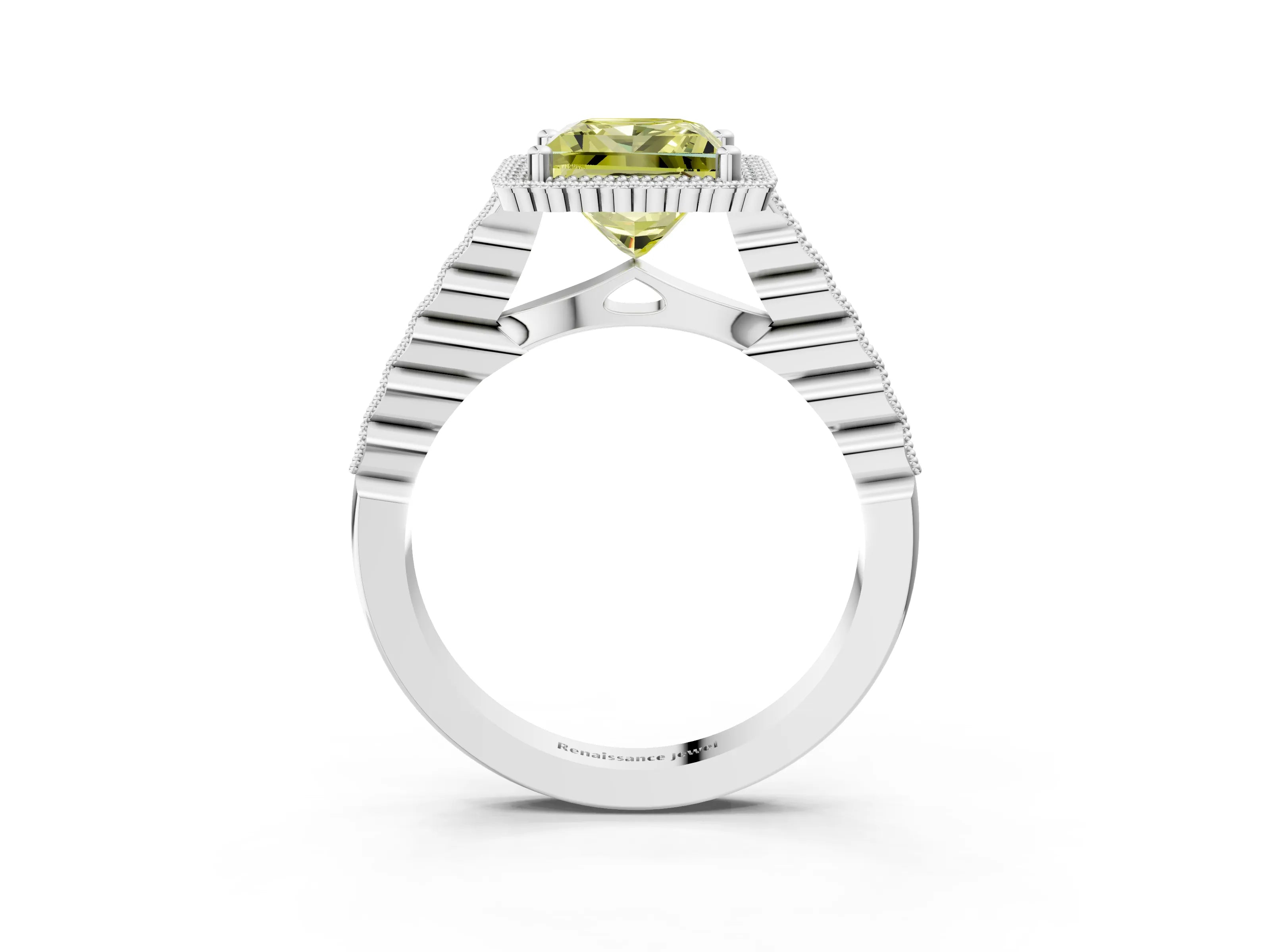 White gold Fancy Yellow Princess Cut Cut Halo Pavé Solitaire Ring with Milgrain Band_15