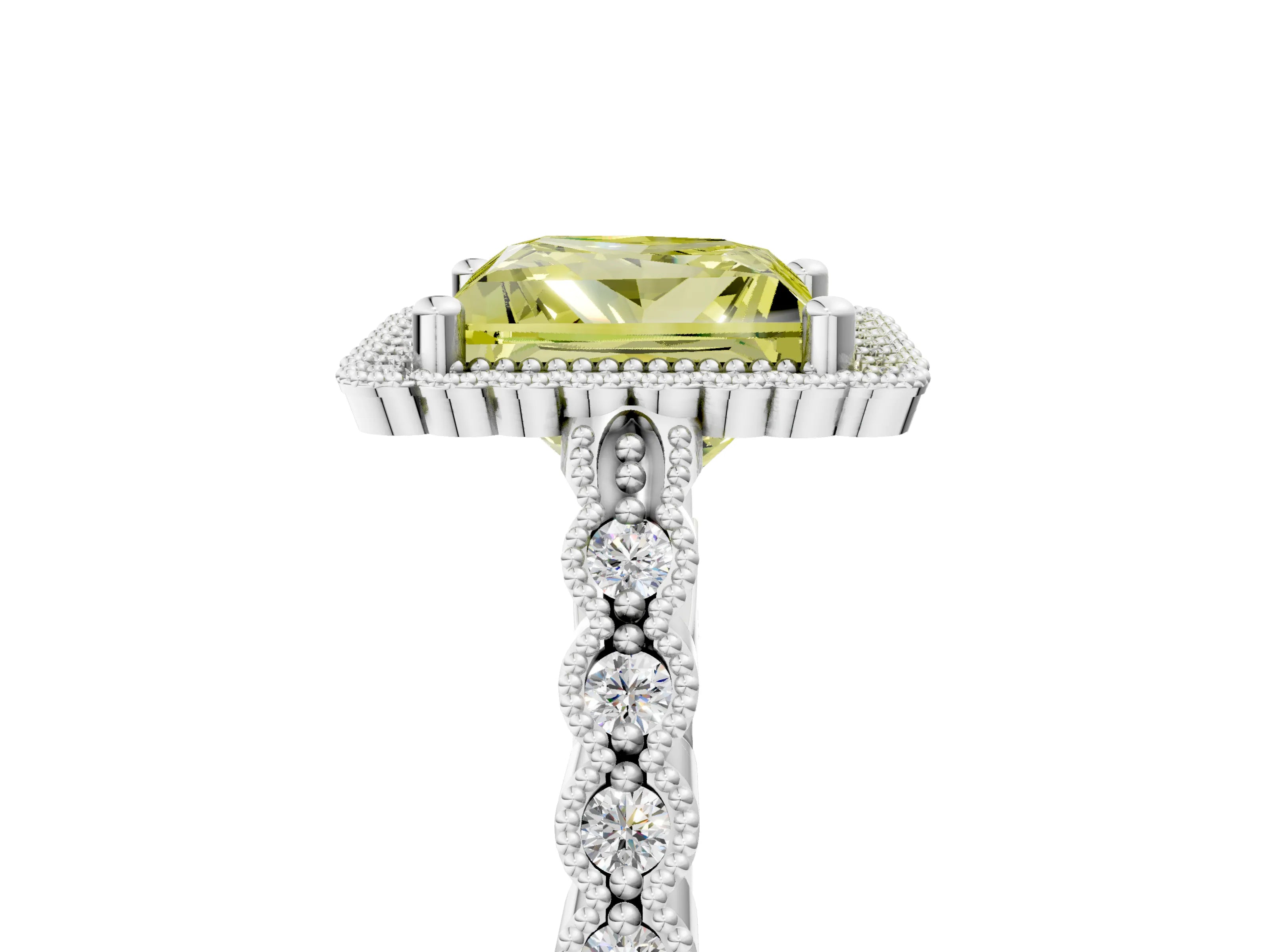 White gold Fancy Yellow Princess Cut Cut Halo Pavé Solitaire Ring with Milgrain Band_17