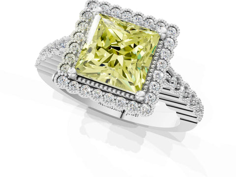 White gold Fancy Yellow Princess Cut Cut Halo Pavé Solitaire Ring with Milgrain Band_1