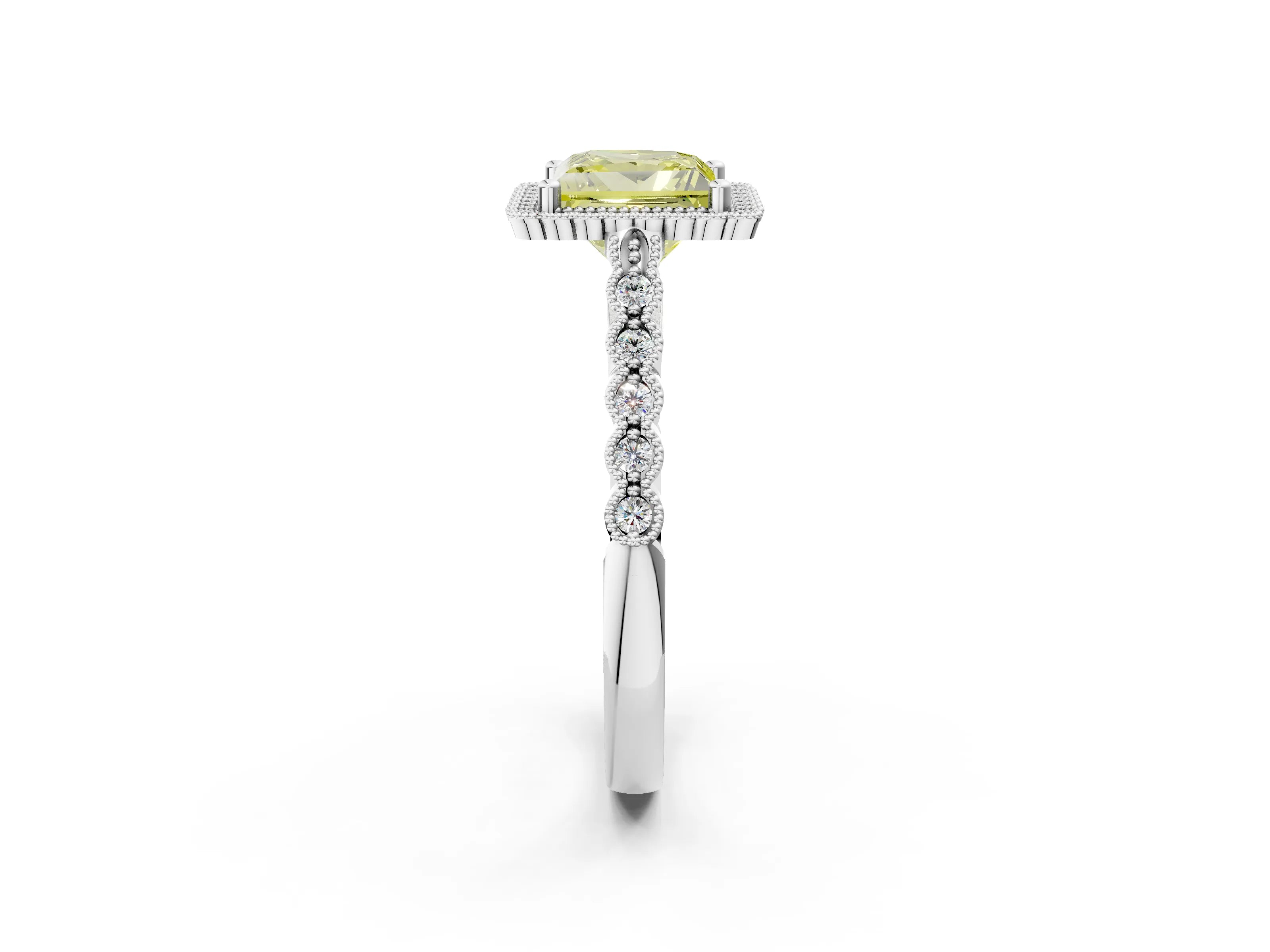 White gold Fancy Yellow Princess Cut Cut Halo Pavé Solitaire Ring with Milgrain Band_2