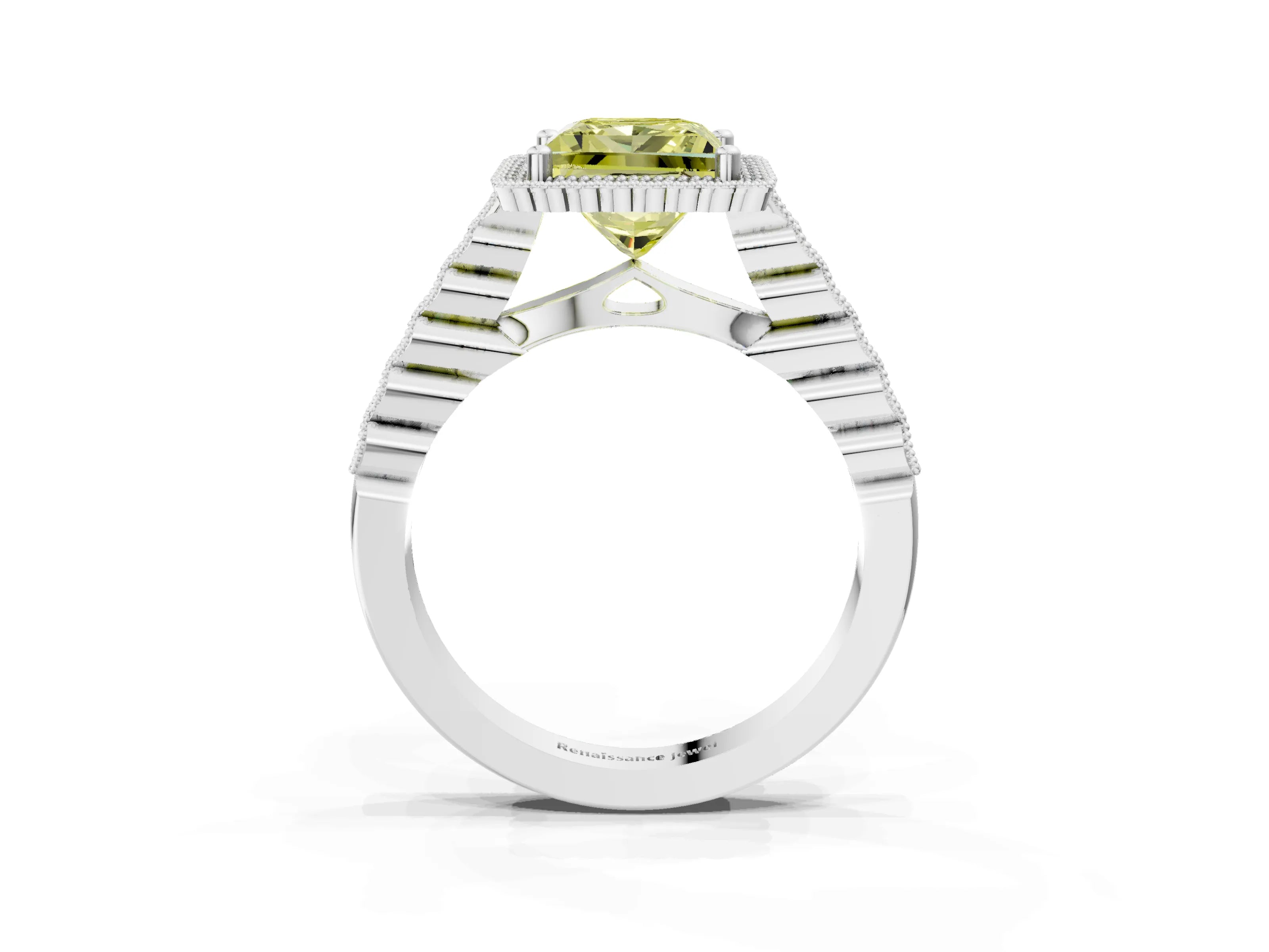White gold Fancy Yellow Princess Cut Cut Halo Pavé Solitaire Ring with Milgrain Band_3