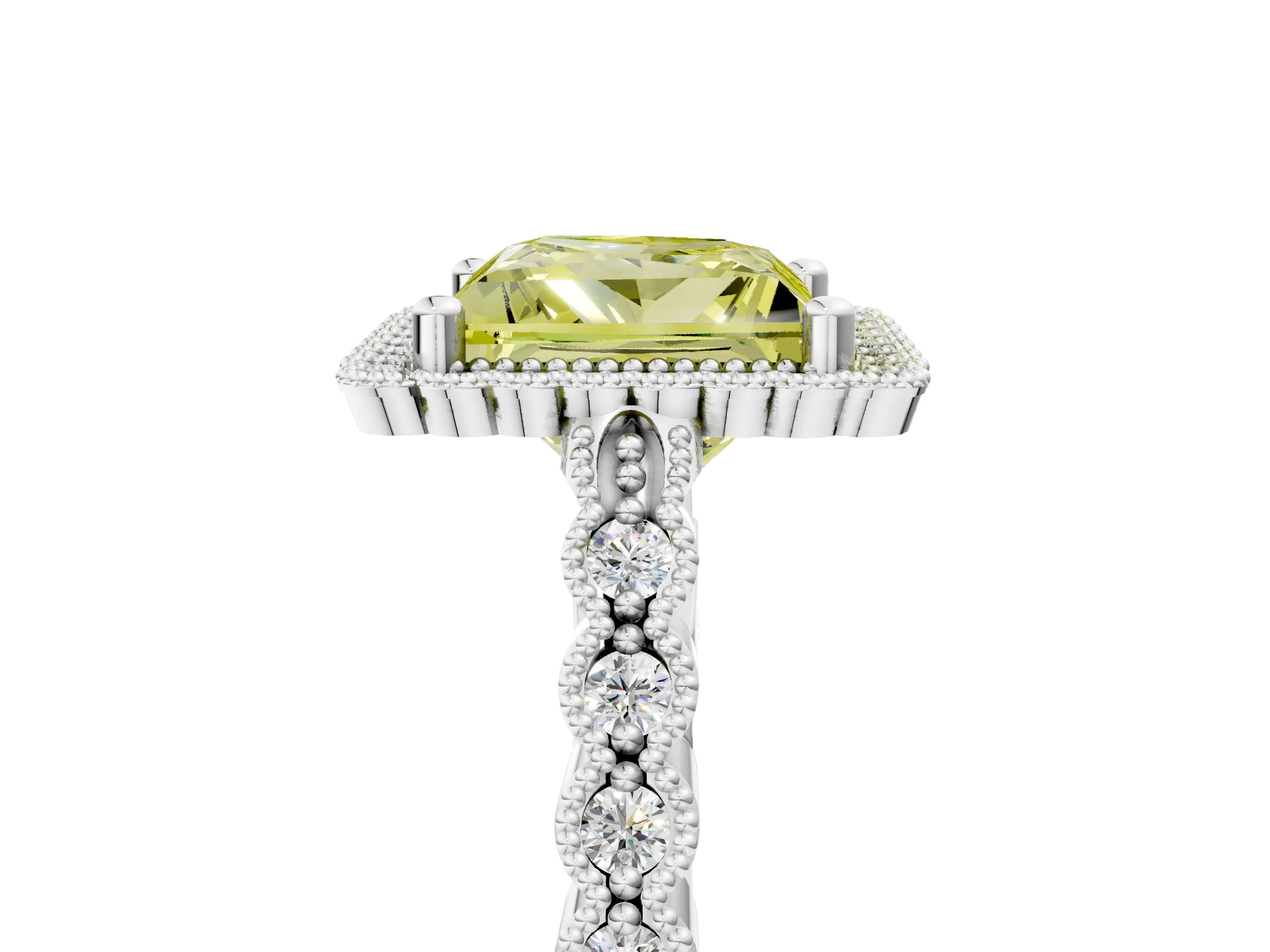 White gold Fancy Yellow Princess Cut Cut Halo Pavé Solitaire Ring with Milgrain Band_5