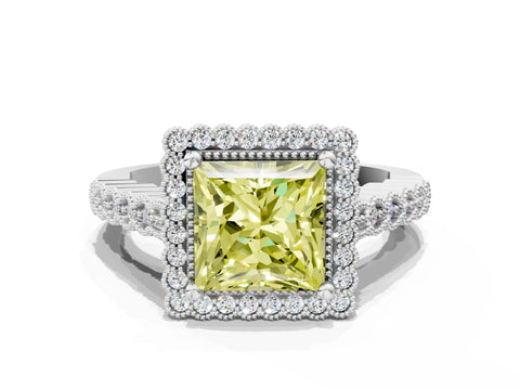 White gold Fancy Yellow Princess Cut Cut Halo Pavé Solitaire Ring with Milgrain Band