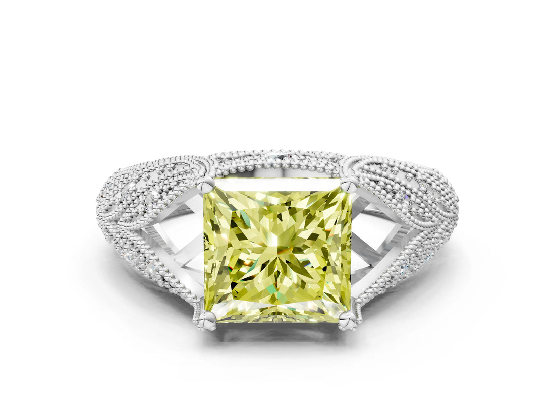 White gold Fancy Yellow Princess Cut Cut Milgrain Pave Diamond Engagement Ring with Four-Prong Setting_15