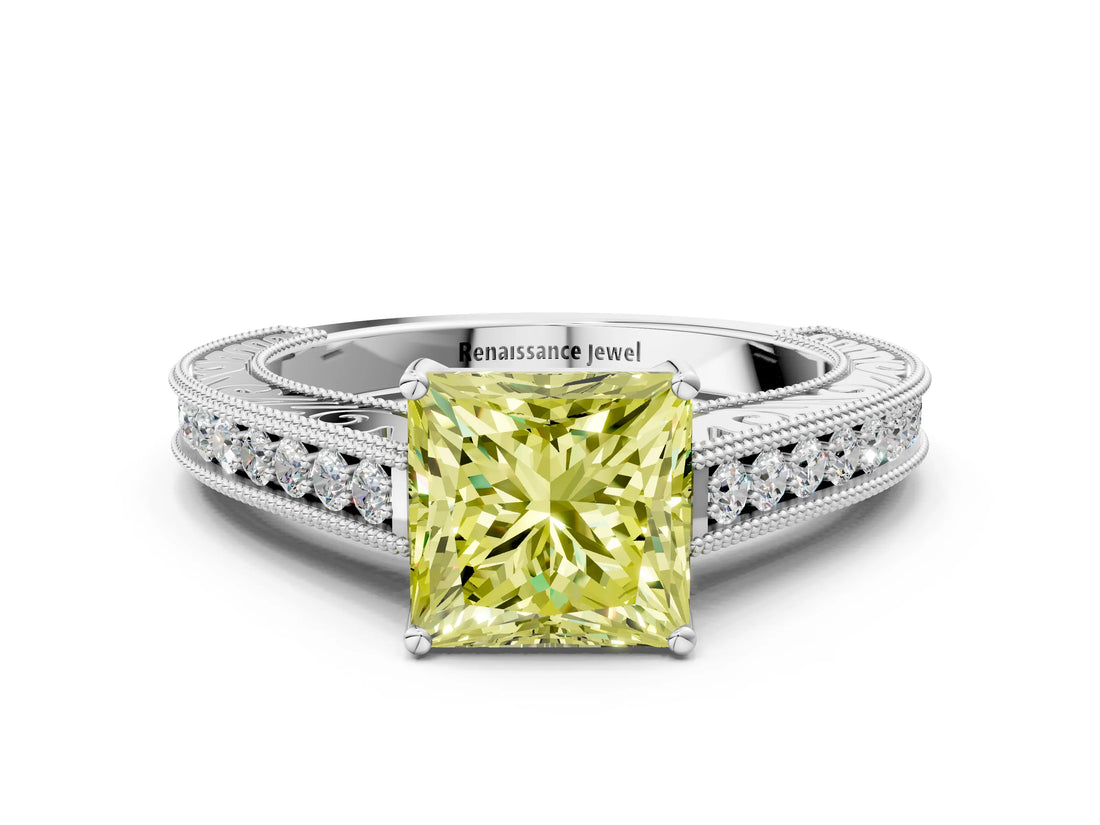 White gold Fancy Yellow Princess Cut Cut Pave Band Milgrain Solitaire Ring