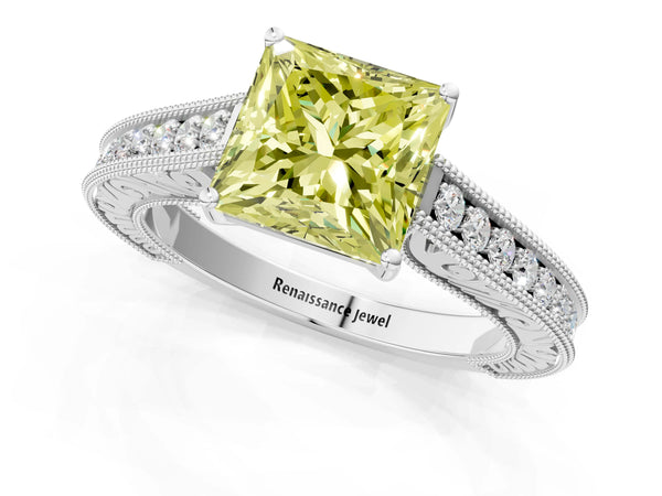 White gold Fancy Yellow Princess Cut Cut Pave Band Milgrain Solitaire Ring