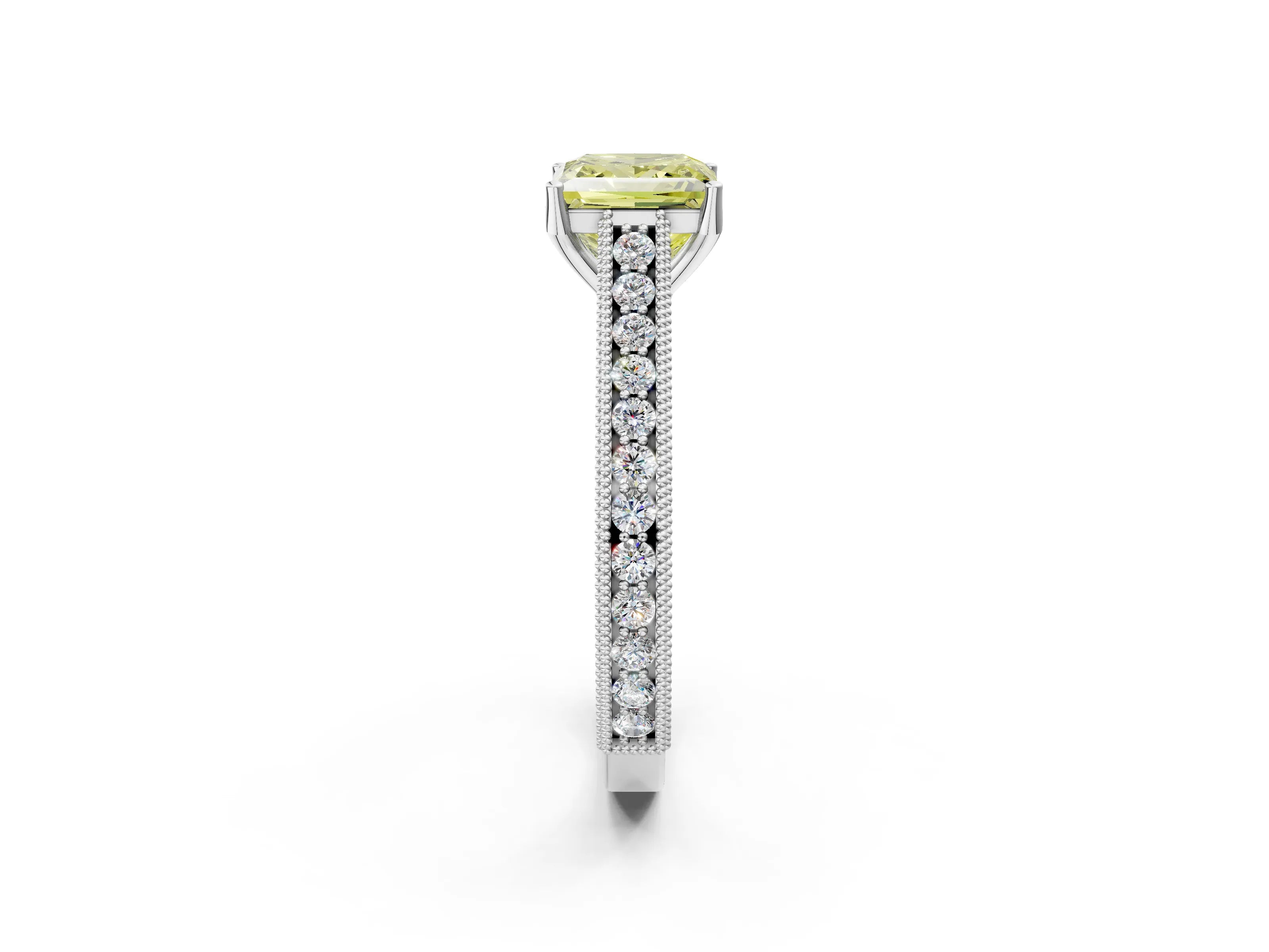 White gold Fancy Yellow Princess Cut Cut Pave Band Milgrain Solitaire Ring_2