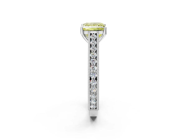 White gold Fancy Yellow Princess Cut Cut Pave Band Milgrain Solitaire Ring