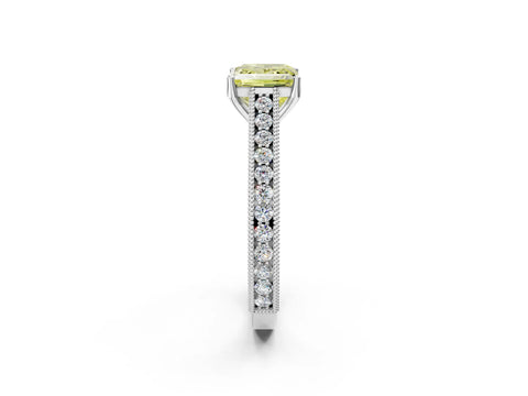 White gold Fancy Yellow Princess Cut Cut Pave Band Milgrain Solitaire Ring_2