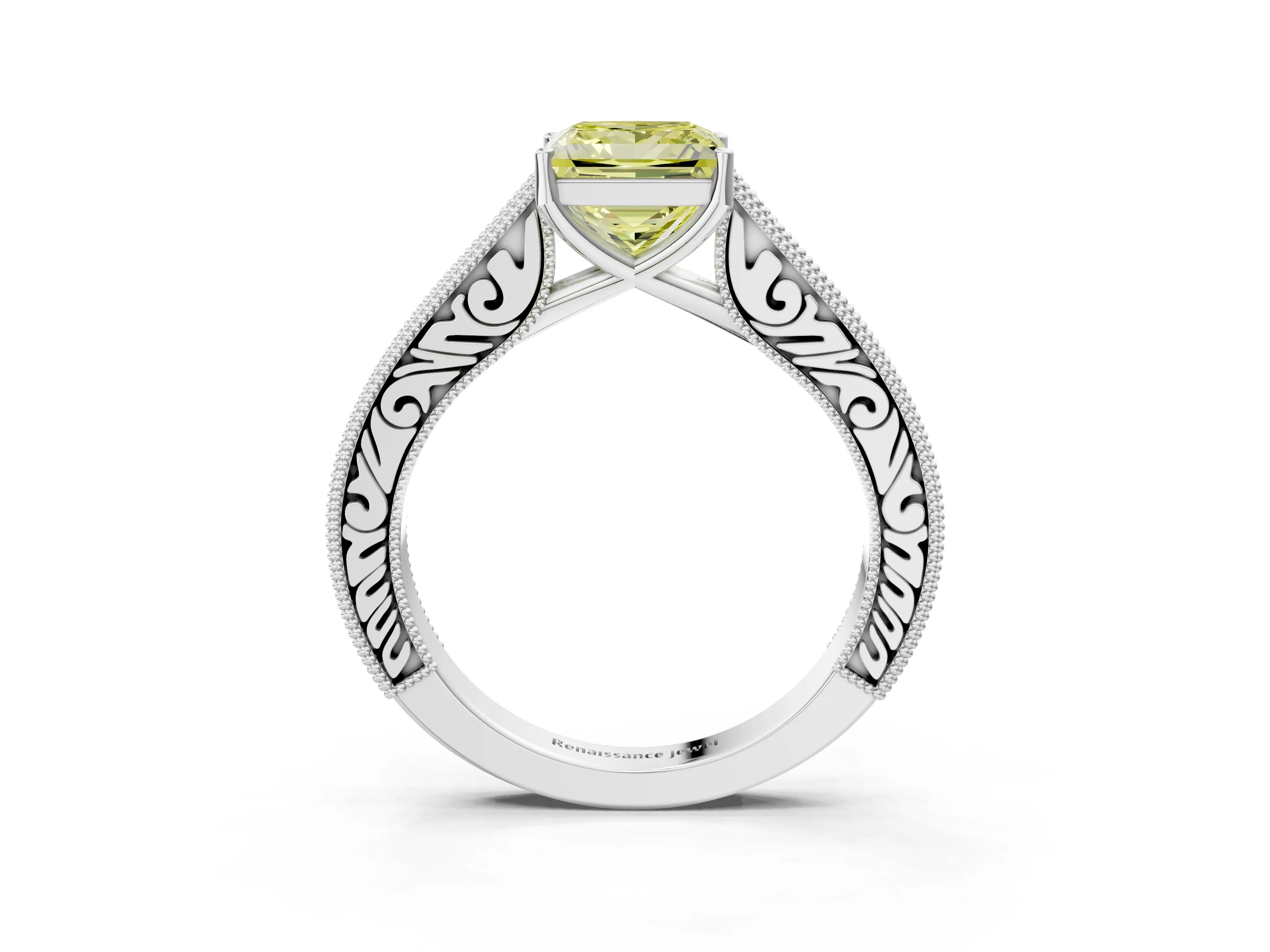 White gold Fancy Yellow Princess Cut Cut Pave Band Milgrain Solitaire Ring_3
