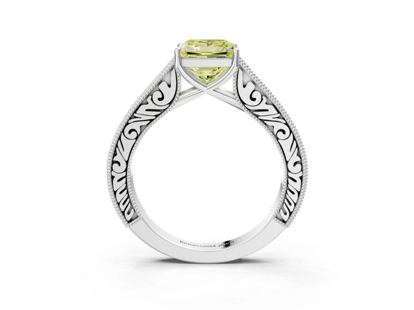 White gold Fancy Yellow Princess Cut Cut Pave Band Milgrain Solitaire Ring
