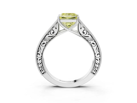 White gold Fancy Yellow Princess Cut Cut Pave Band Milgrain Solitaire Ring_3