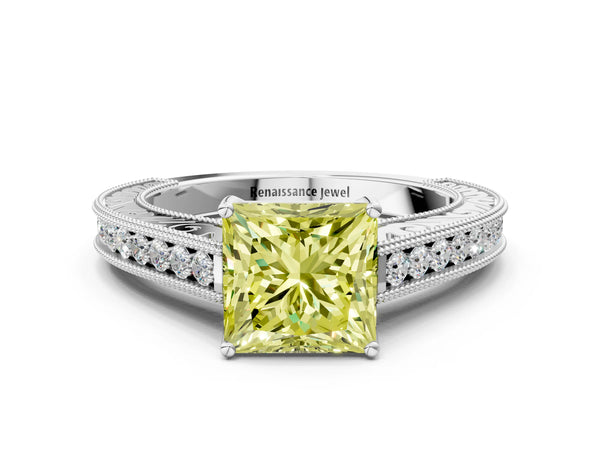White gold Fancy Yellow Princess Cut Cut Pave Band Milgrain Solitaire Ring