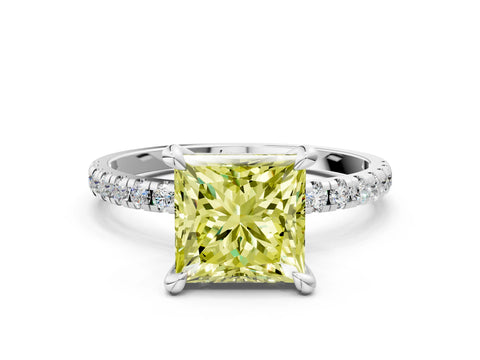 White gold Fancy Yellow Princess Cut Diamond Brilliant Solitaire Ring with Pavé Band and Four-Prong Setting