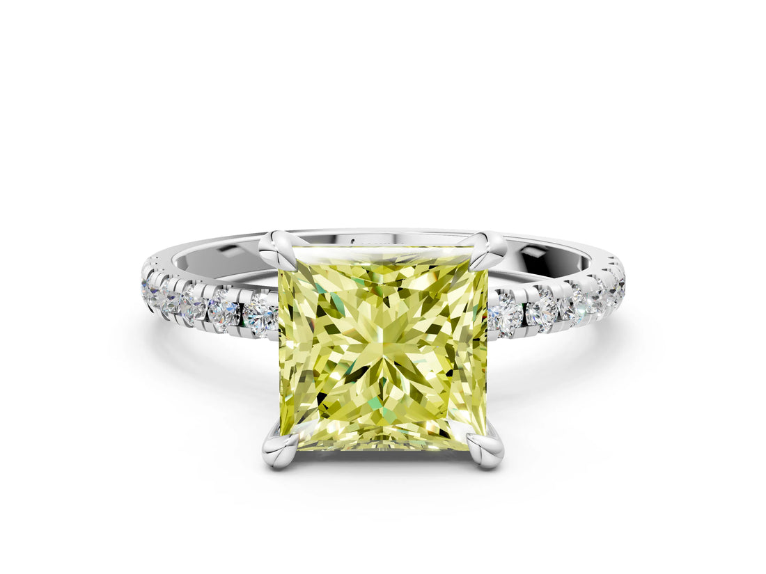 White gold Fancy Yellow Princess Cut Diamond Brilliant Solitaire Ring with Pavé Band and Four-Prong Setting_12