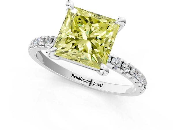 White gold Fancy Yellow Princess Cut Diamond Brilliant Solitaire Ring with Pavé Band and Four-Prong Setting