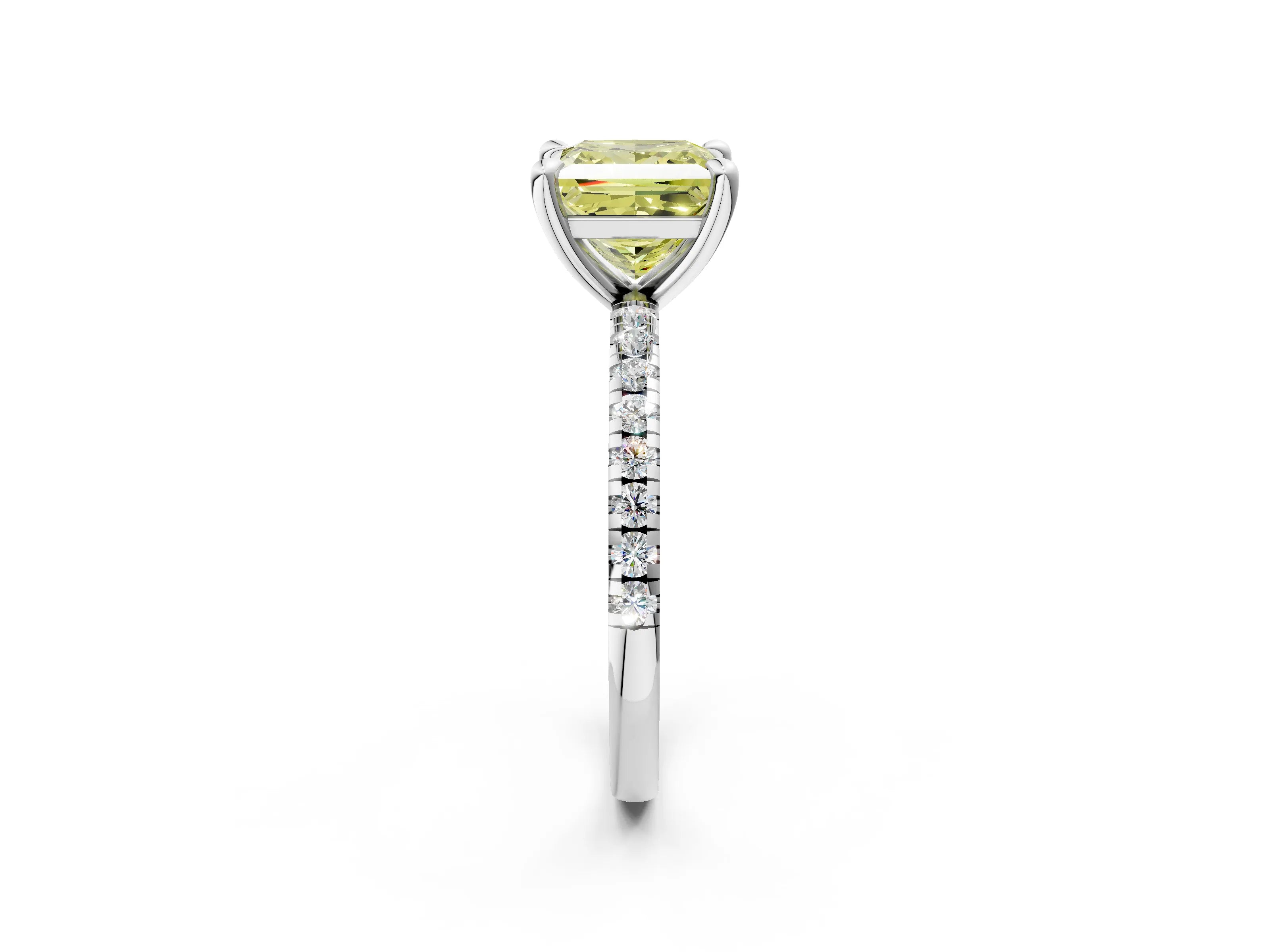 White gold Fancy Yellow Princess Cut Diamond Brilliant Solitaire Ring with Pavé Band and Four-Prong Setting_2