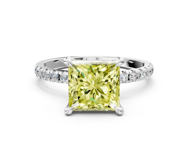 White gold Fancy Yellow Princess Cut Diamond Brilliant Solitaire Ring with Pavé Band and Four-Prong Setting