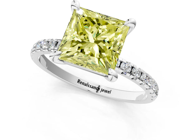 White gold Fancy Yellow Princess Cut Diamond Brilliant Solitaire Ring with Pavé Band and Four-Prong Setting