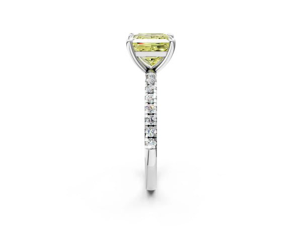 White gold Fancy Yellow Princess Cut Diamond Brilliant Solitaire Ring with Pavé Band and Four-Prong Setting